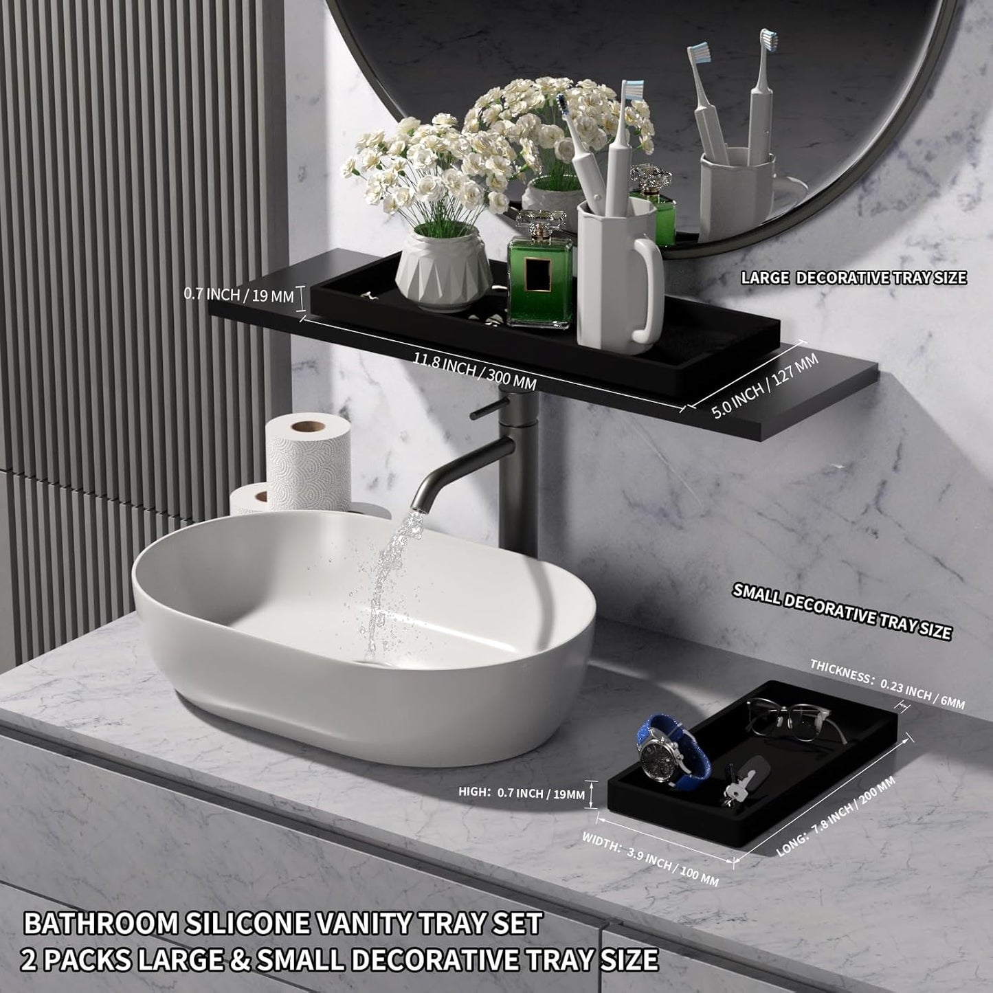 BBK Bathroom Vanity Tray- 2 Pack (7.8'' and 11.8'') Silicone Bathroom Tray for Counter, Perfume Key Trinket Ring Tray, Decor Soap Dispenser Countertop Tray for Kitchen Sink Organization.(Black) (VT2)