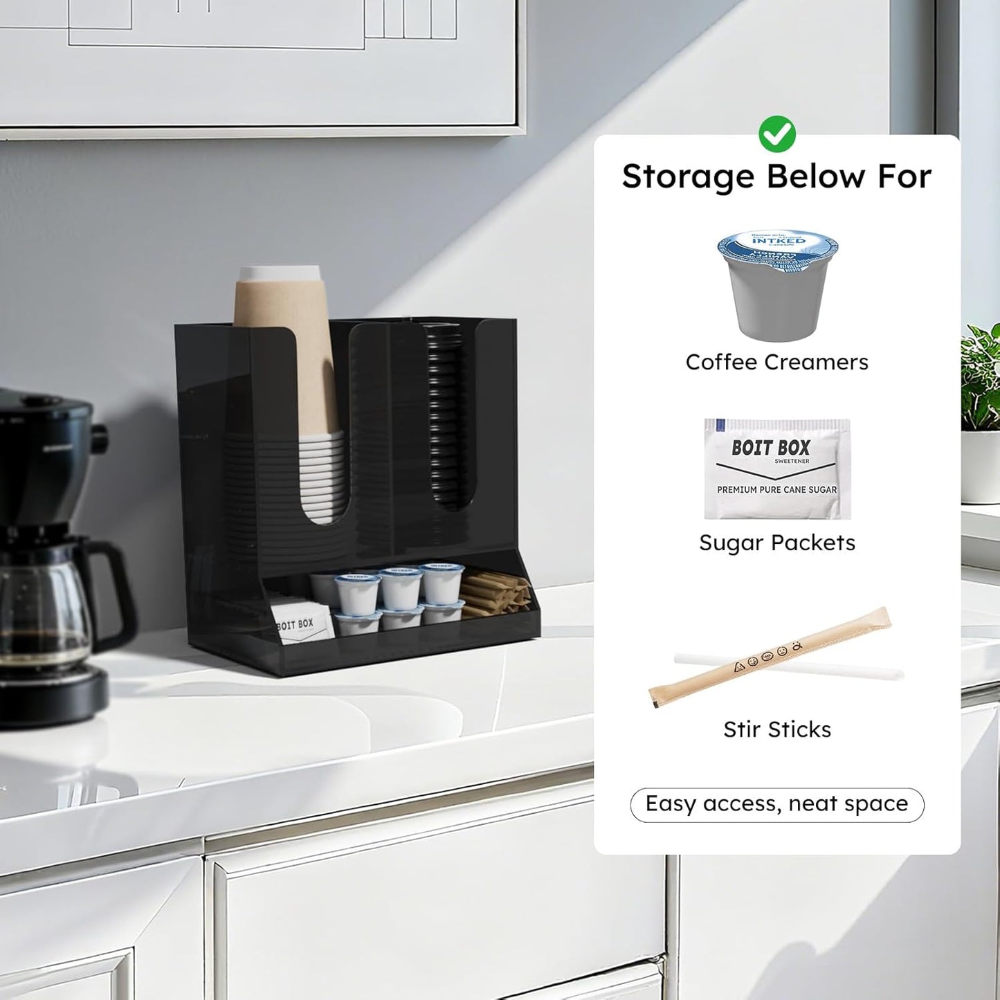 AITEE Acrylic Coffee Station Organizer for Countertop, Holds 20 Cups, All-in-One Coffee Cup and Lid Holder with Condiment Storage for Office Breakroom and Home Kitchen, Black