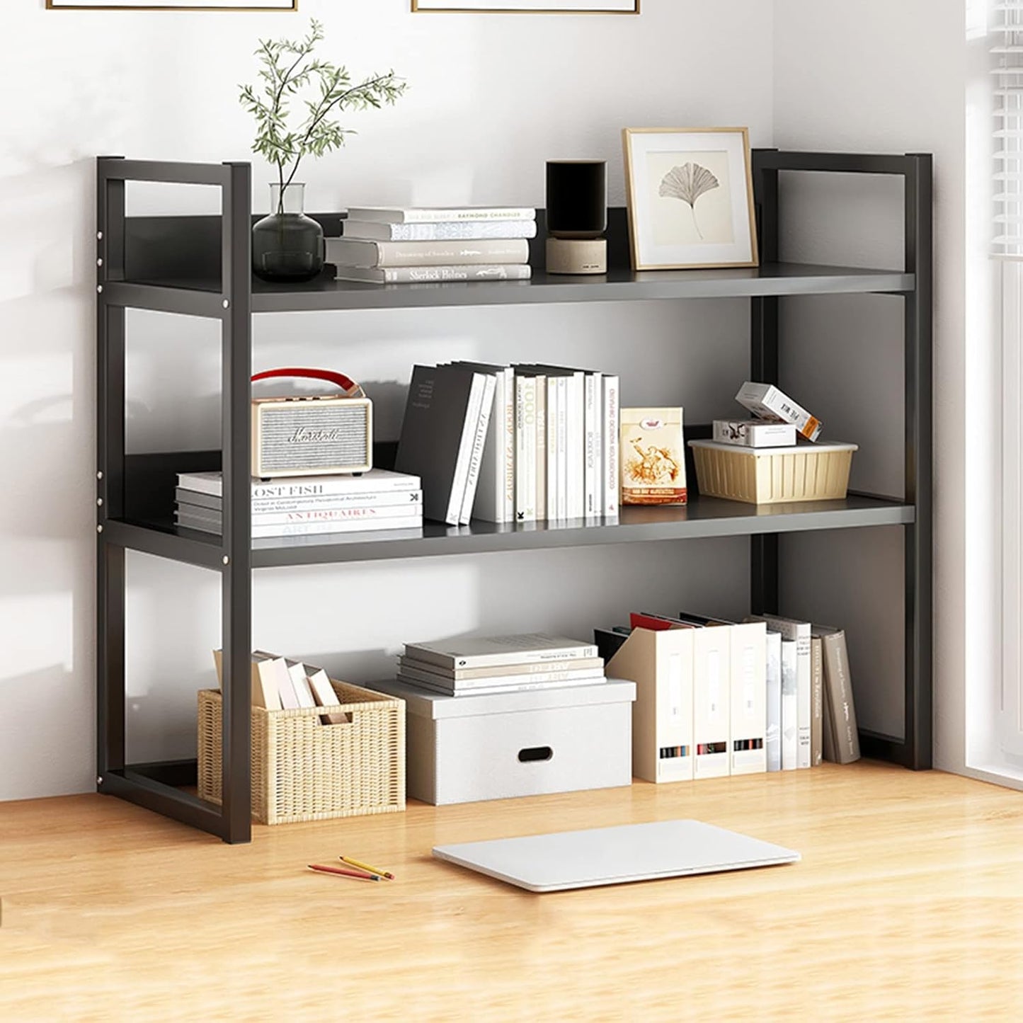 Desktop Bookcase for Computer Desk,2 Tier Adjustable Desk Bookshelf, Wood and Metal Printer Stand Office Supplies Organizers and Storage Display Shelf