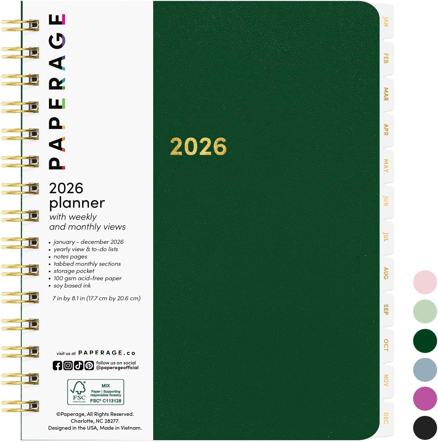 PAPERAGE 2026 Weekly & Monthly Planner, 12 Months (January 2026 - December 2026), 6.6 in x 8.1 in, Spiral Bound 2026 Planner with Weekly, Monthly & Yearly Views, Note Pages & Inner Pocket – Dark Green
