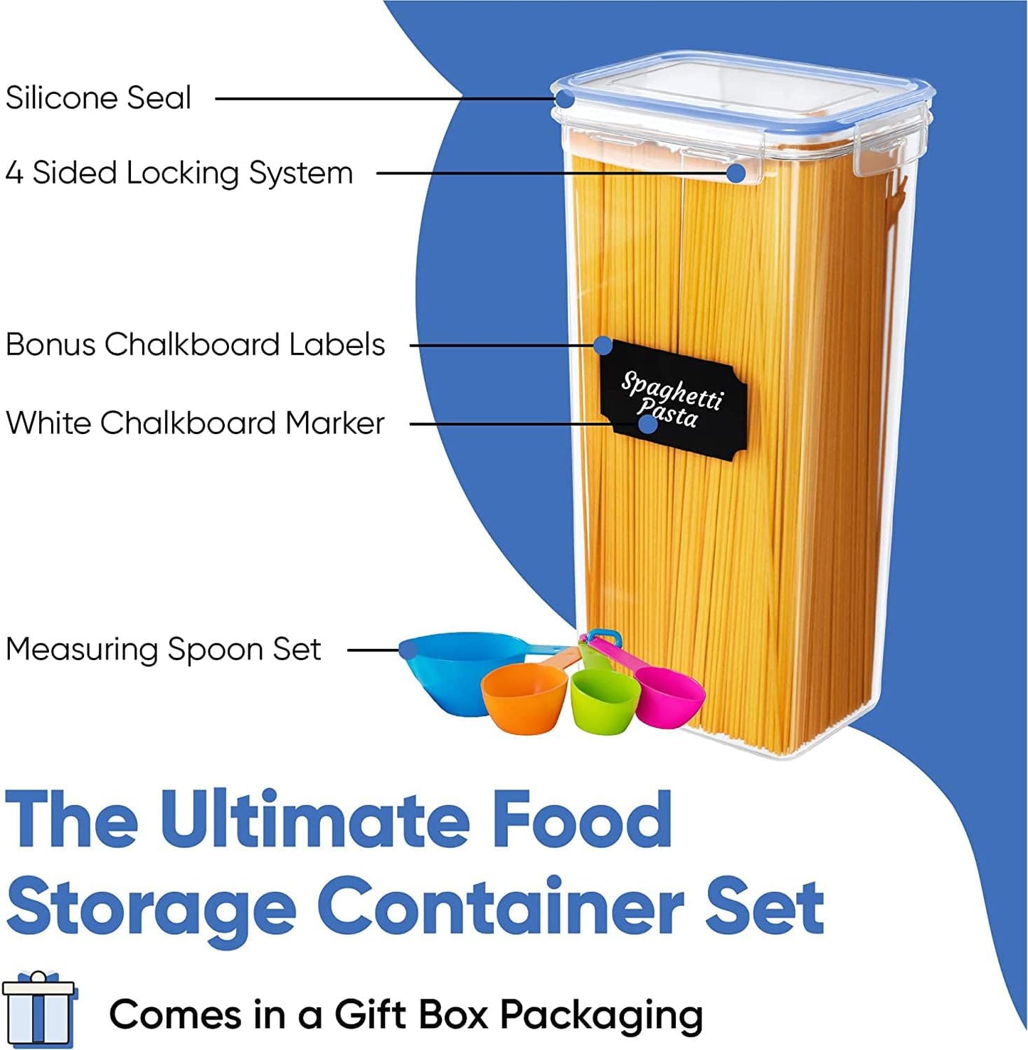 Airtight Food Storage Containers Set with Lids For Kitchen Organization 14 Pack - BPA Free Food Canisters With Labels, Marker & Spoon Set For Pantry Organization And Storage - Royal Blue