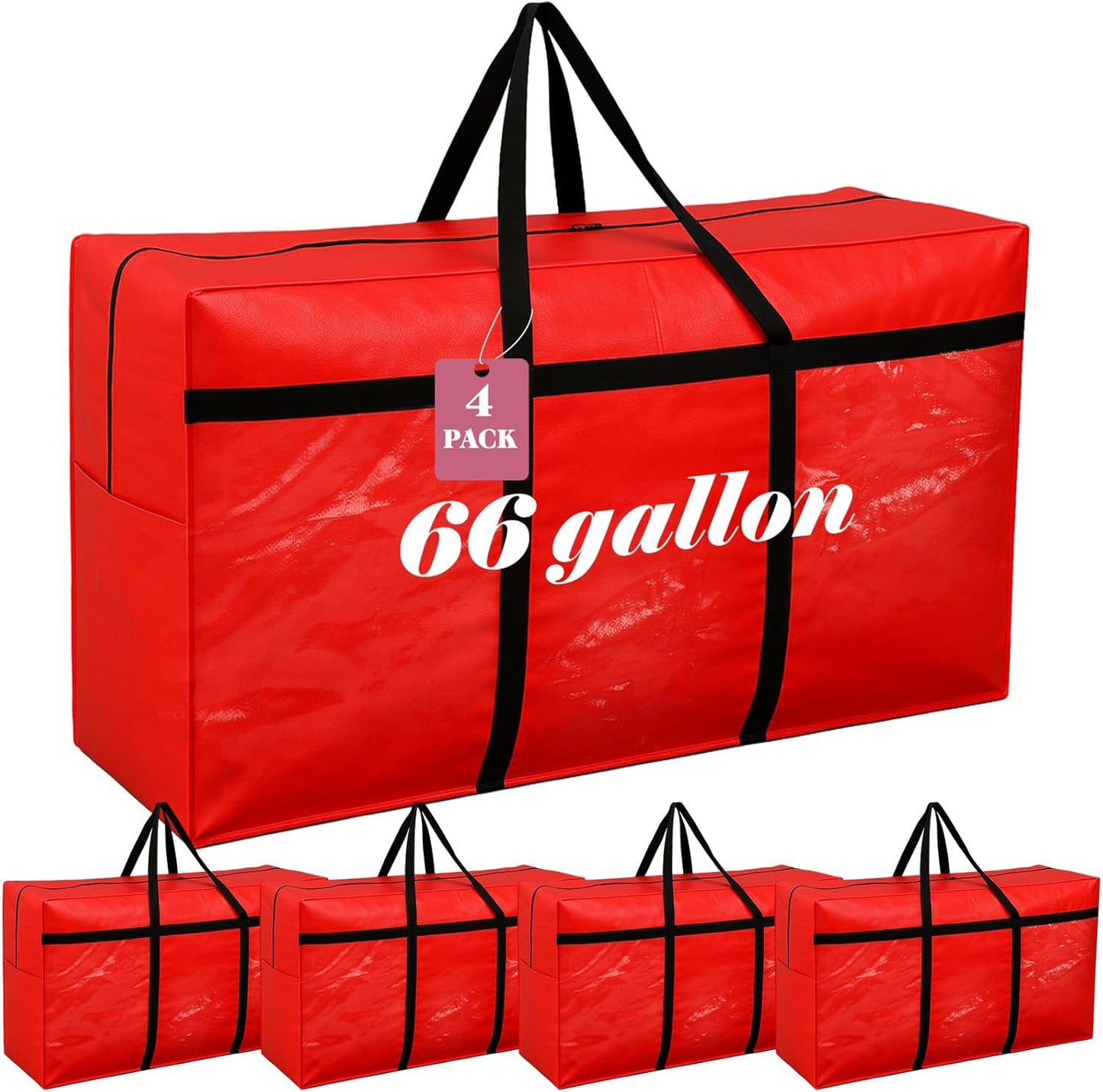 4 Pcs 66 Gallon Large Moving Bags with Zipper and Handles Foldable Storage Duffle Bags Heavy Duty Extra Large Totes for College Dorm Travel Clothes Blankets Bedding Moving (Red)