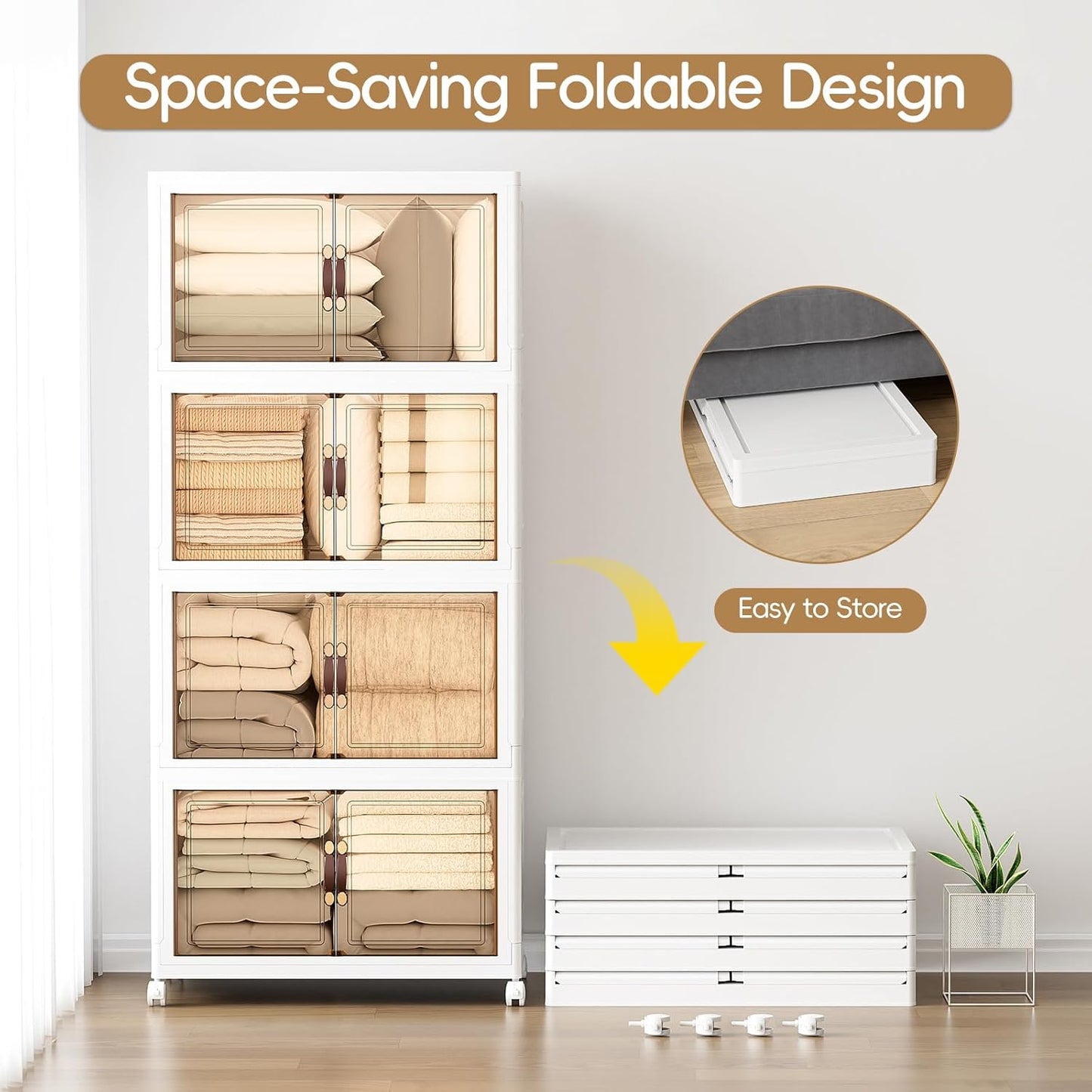 JEKO&JEKO 528Qt Stackable Storage Bins with Lids and Wheels, Foldable Collapsible Plastic Boxes for Clothes, Home, White, 4 Pack