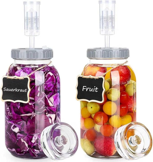 64oz Fermentation Jar Kit with Fermenting Weights and Airlock Lids, Wide Mouth Glass Jars with Scale Mark for Making and Storing Sauerkraut, Pickles (Pack of 2)