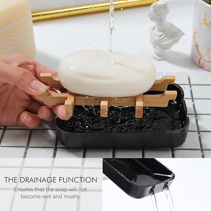 Bamboo Soap Dishes, 2-Pack Black Holder for Bathroom & Shower