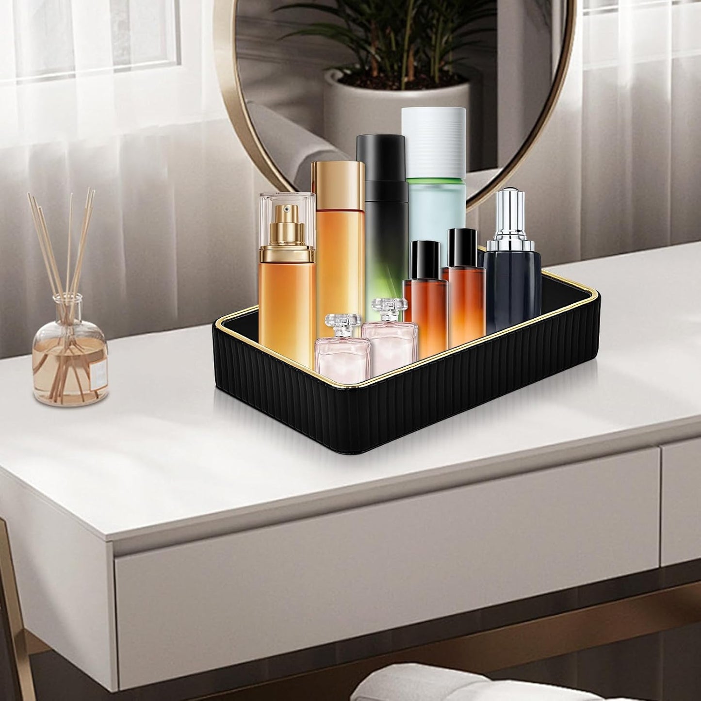 PU Leather Valet Tray,Desk Organizer Tray Nightstand Organizer Trinket Dish Storage Key Bowl Decorative Trays for Phone Wallet Jewelry Watch,Bathroom Bedroom Perfume Vanity Trays,Black