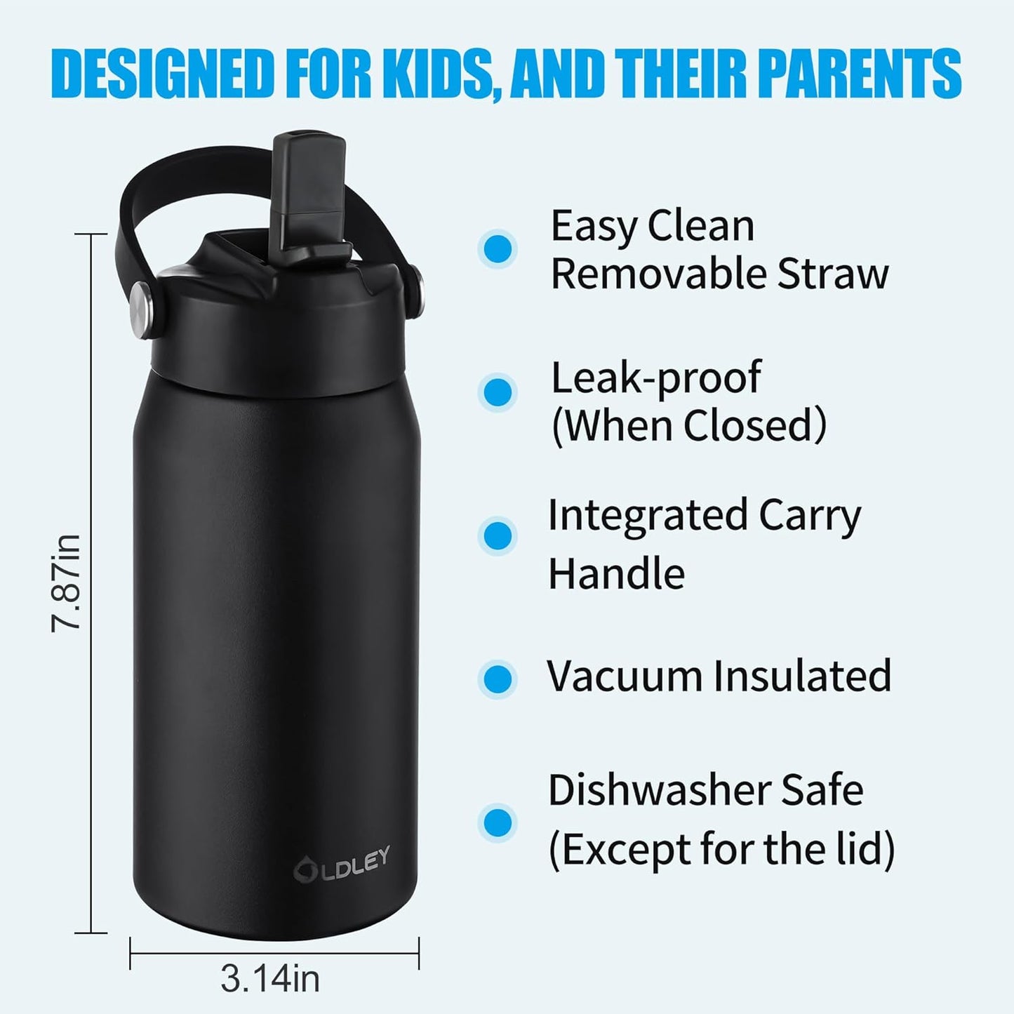 OLDLEY kids Water Bottle - 18oz Insulated Stainless Steel - Wide Straw Lid, Non Spill, Leakproof, Kids Water Bottle for School,Black