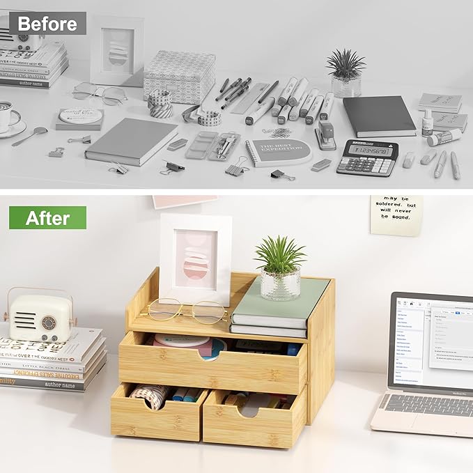 Wisuce Desk Organizer with Drawers - Bamboo Desktop Organizer Storage-Natural Wood Desk Drawers Organizer for Bills, Office Supplies, Cosmetics, Seals No Assembly Required (3 Drawers（top-bottom))