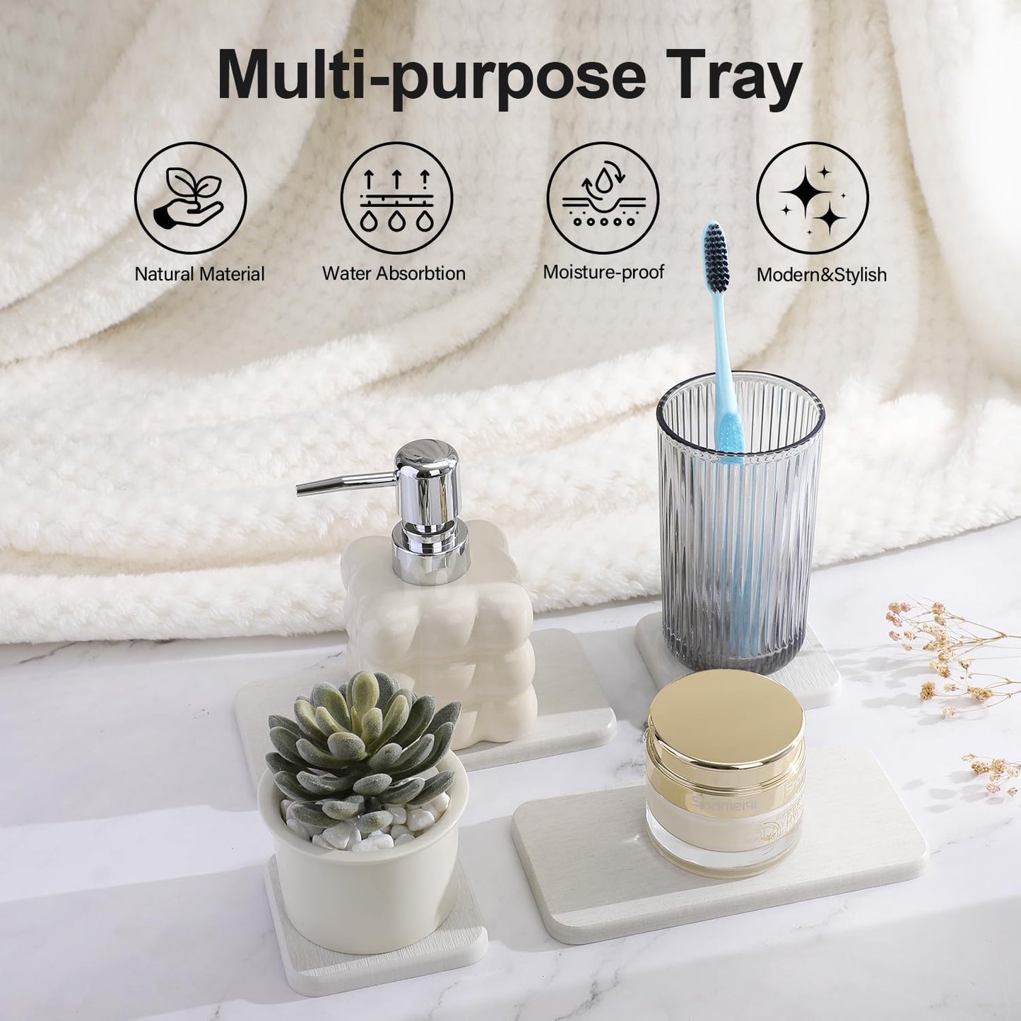 Water Absorbing Stone Tray for Sink | Quick Drying Diatomaceous Earth Coasters | Soap Dish Holder & Toothbrush Holder for Bathroom Counter | Hand Soap & Plant & Toiletries | Light Grey 4-Pack