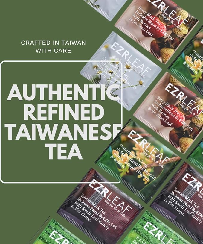 EZR Leaf Tea Sampler Gift Box – 22 Pyramid Tea Bags with Taiwan Black, Osmanthus Oolong, Chamomile Oolong, Berry Black, Four Seasons Green – Flavored Assorted Tea Set for Gifting & Tasting