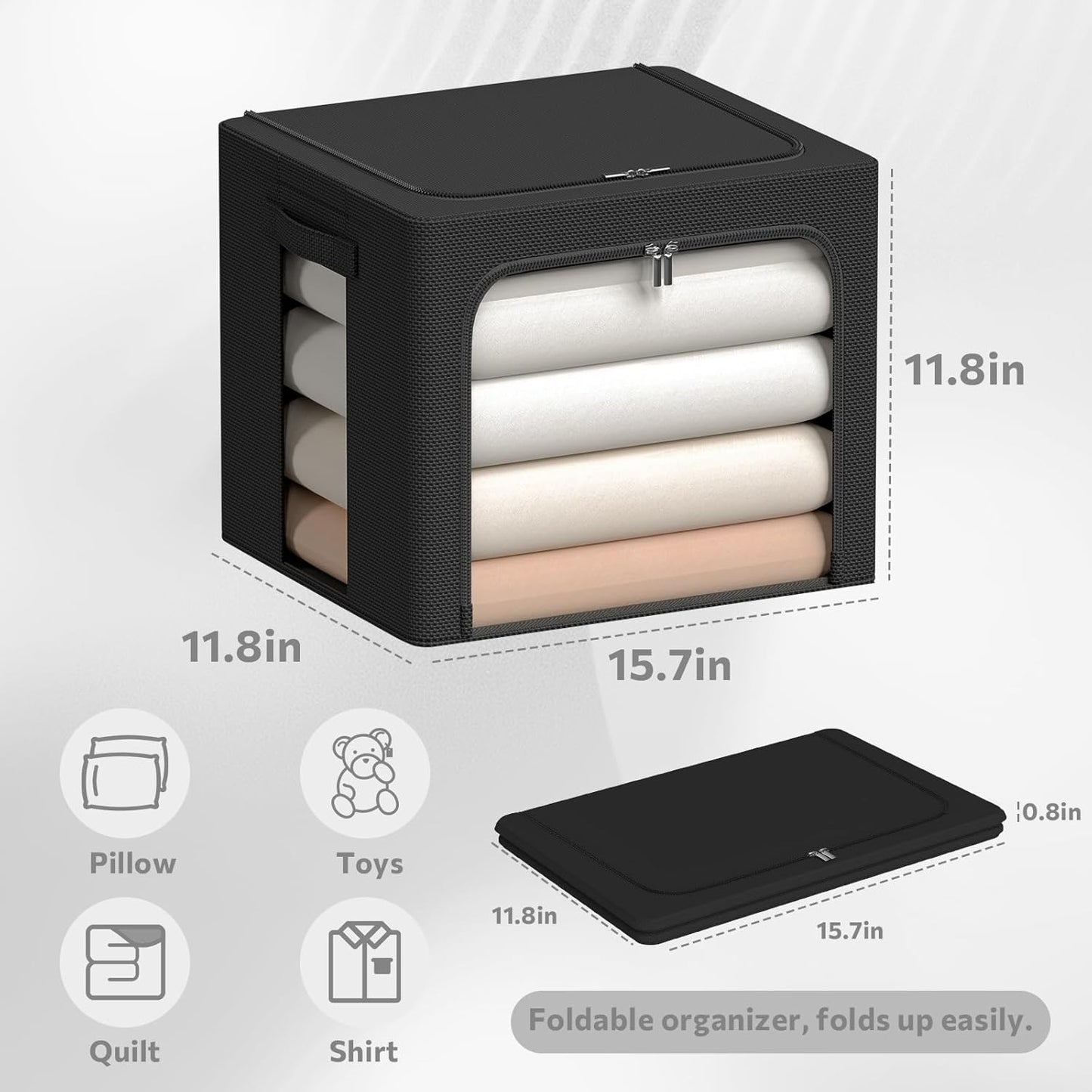 3Pack Frame Storage Box - Clothes Storage Bin Bags Oxford Fabric Foldable Stackable Container Organizer Set with Clear Window & Carry Handles (Black, X-Small-36L)