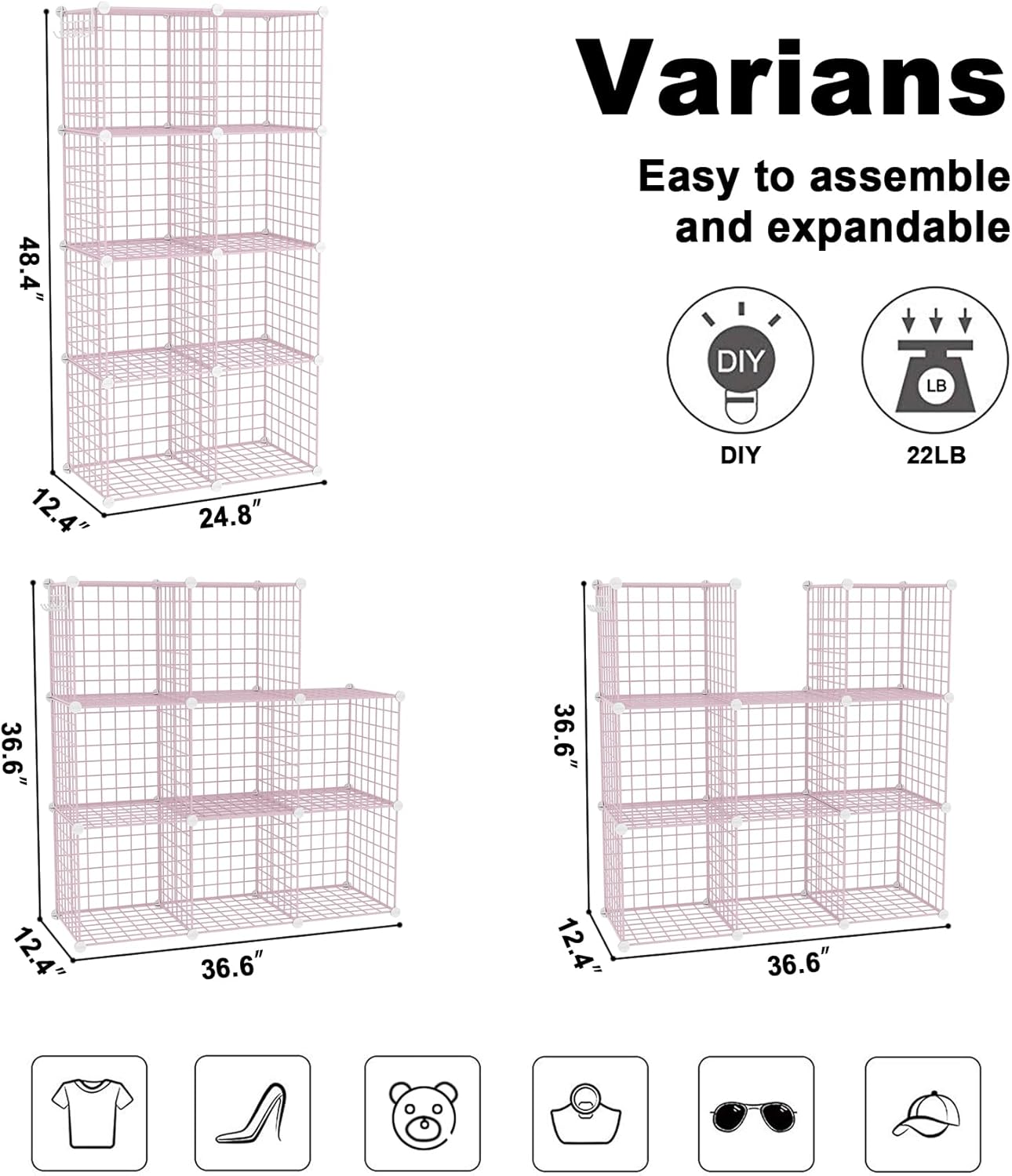C&AHOME Wire Cube Storage, 8 - Cube Organizer Metal C Grids, Modular Shelves Units, Closet Organizer, Ideal for Home, Office, Living Room, 24.8" L x 12.4" W x 48.4" H, Pink UWCS3008P