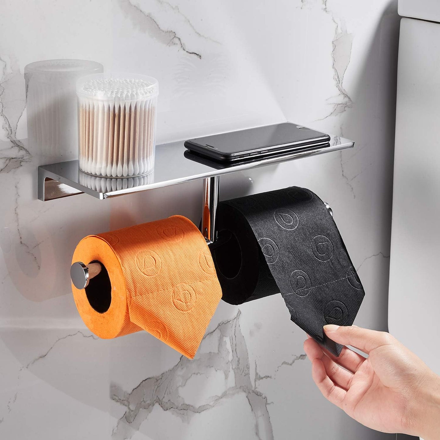 Double Roll Toilet Paper Holder with Shelf Solid Brass and Superior Hotel Style Tissue Dispenser Spared Storage Polished Chrome Finish