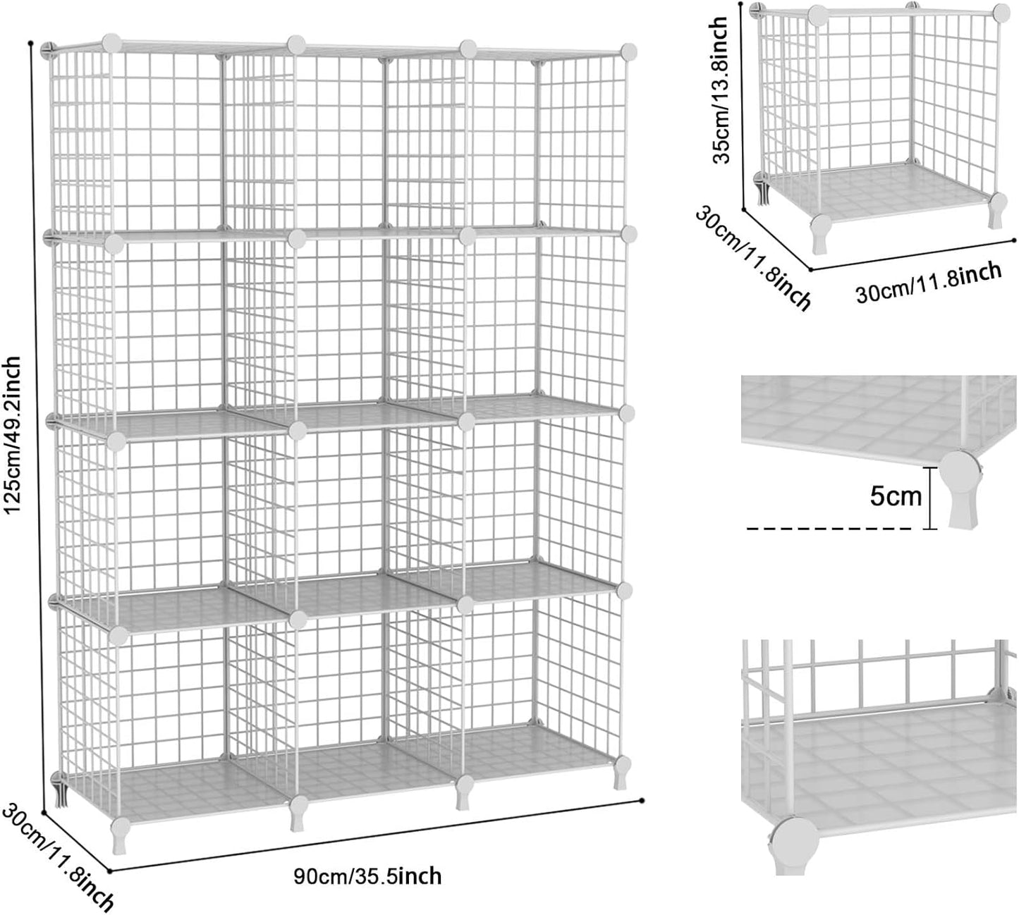 12-Cube Storage Organizer, Metal Wire Cube Shelving Unit, 11.8" L x 11.8" W x 11.8" H, Modular Grid Bookshelf for Closet, Bedroom, Office, White ATTJL12W