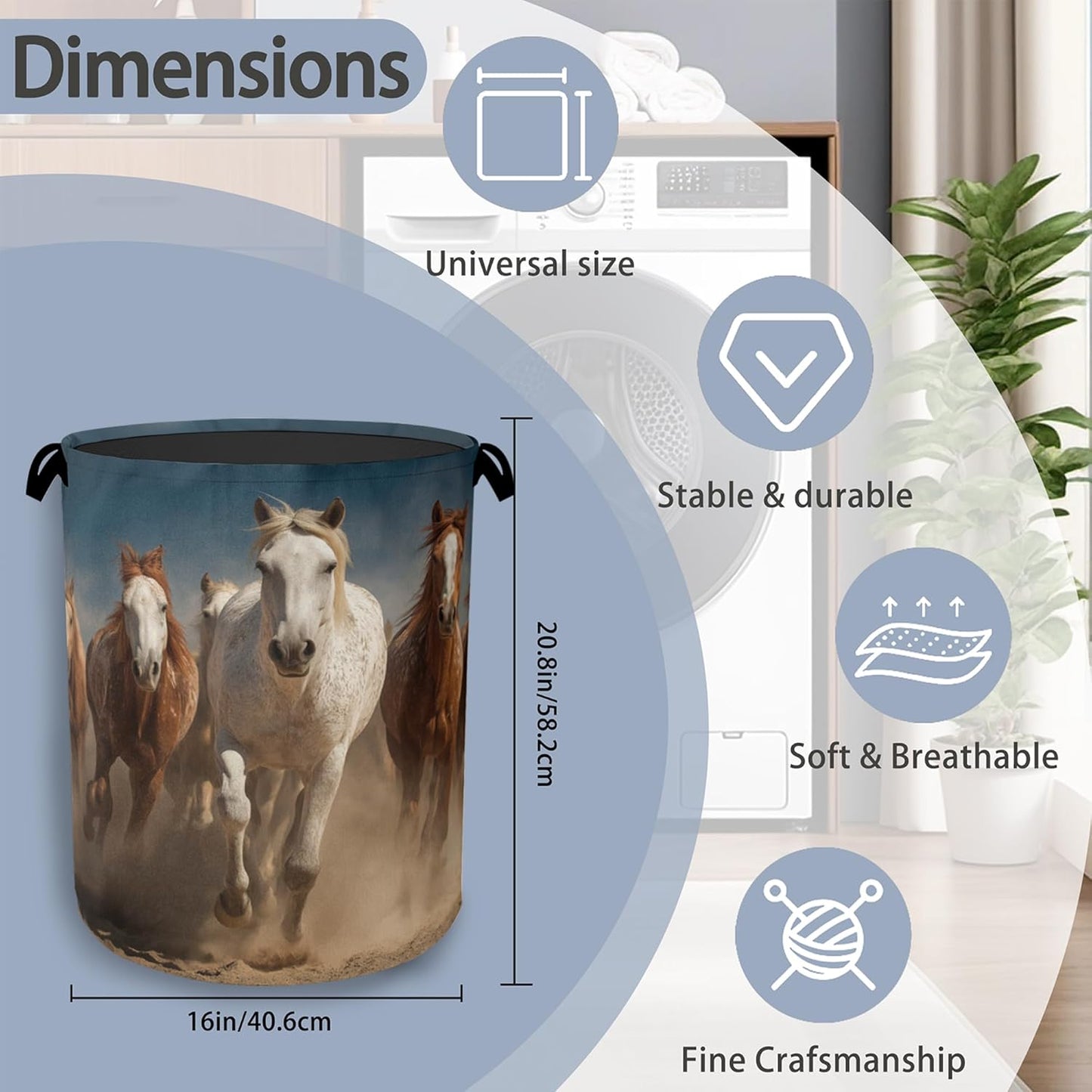 Running Horse Laundry Hamper,Dirty Clothes Laundry Basket with Handles Waterproof Oxford Cloth Storage Basket for College Dorms Bathroom Bedroom 16" x 20.8"