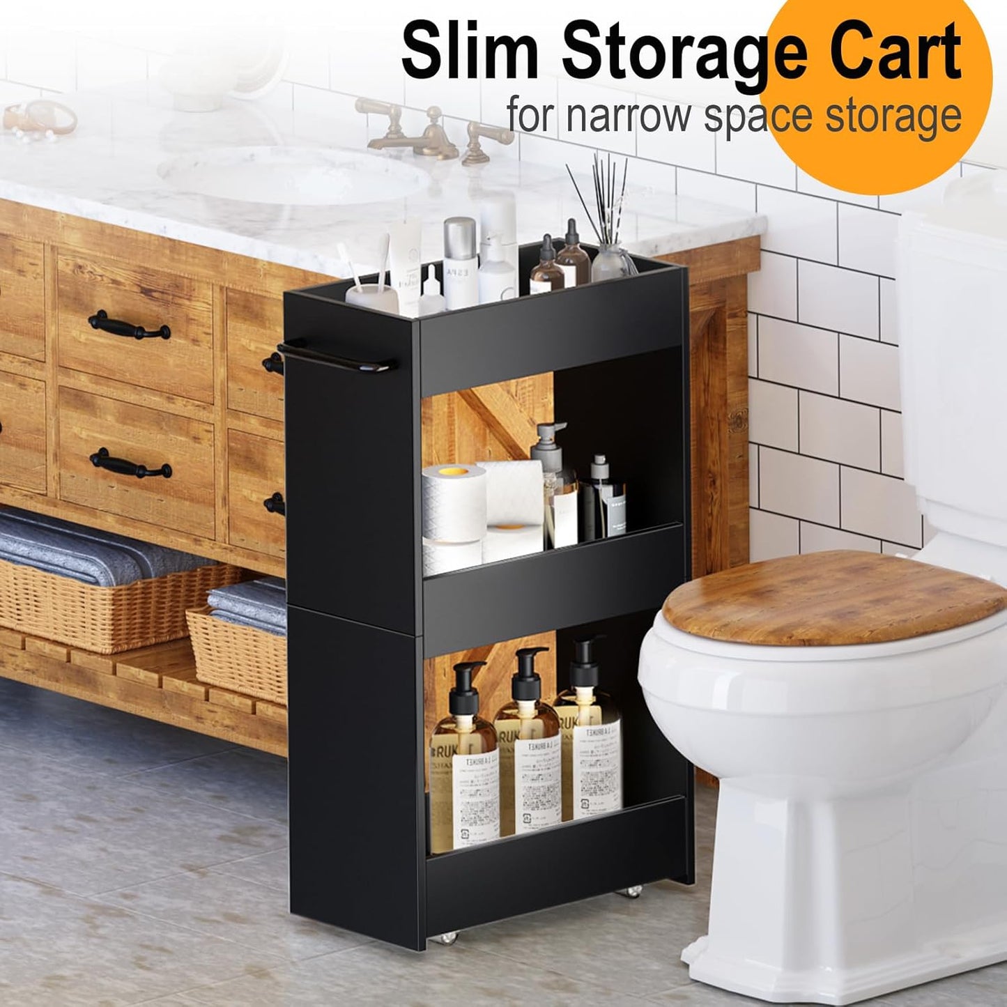 MARTY Wood Rolling Storage Cart 7.9" W, 3 Tier Slim Utility Kitchen Cart on Wheels Laundry Room Bathroom Organizers Narrow Shelves with Handle Mobile Shelving Unit for Small Places, Black