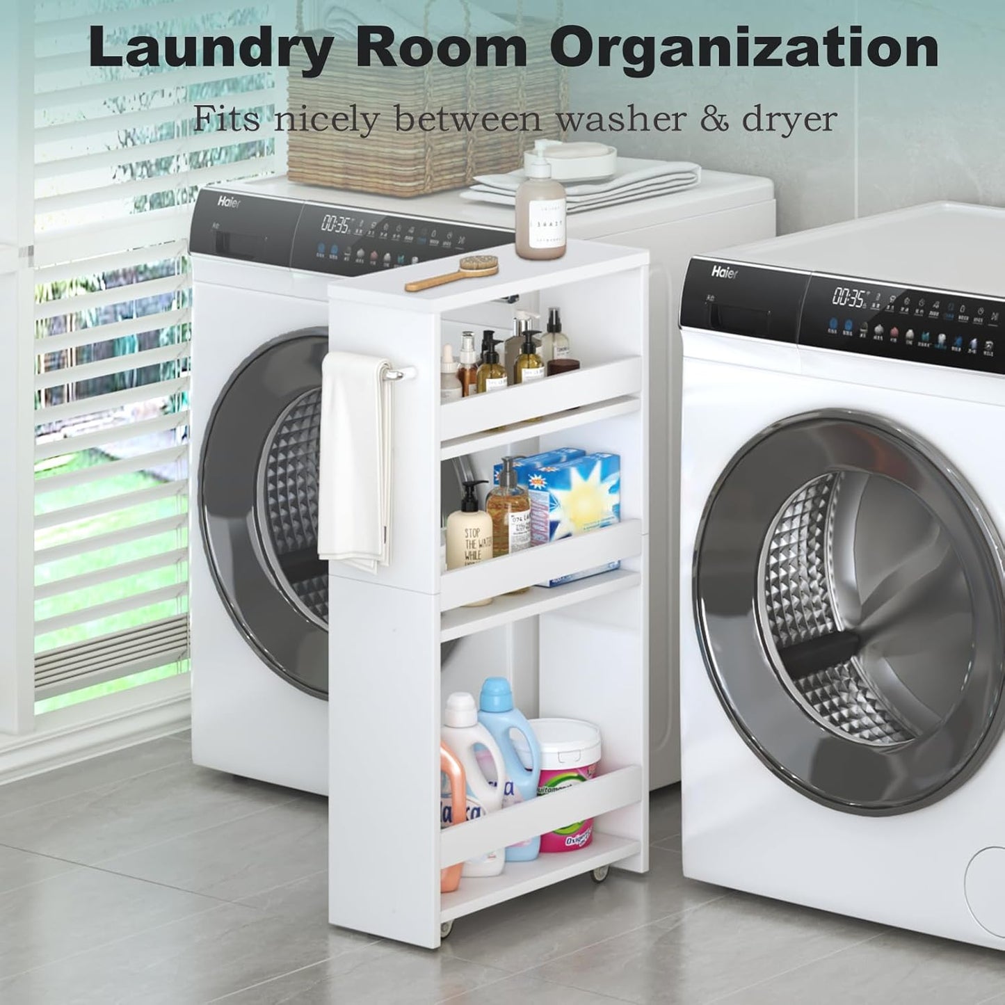 MARTY White Slim Storage Cart with Wheels, 4 Tier Rolling Utility Cart with Handle Slide Out Shelving Unit Organizer Trolley for Laundry Kitchen Bathroom Narrow Places Small Corner