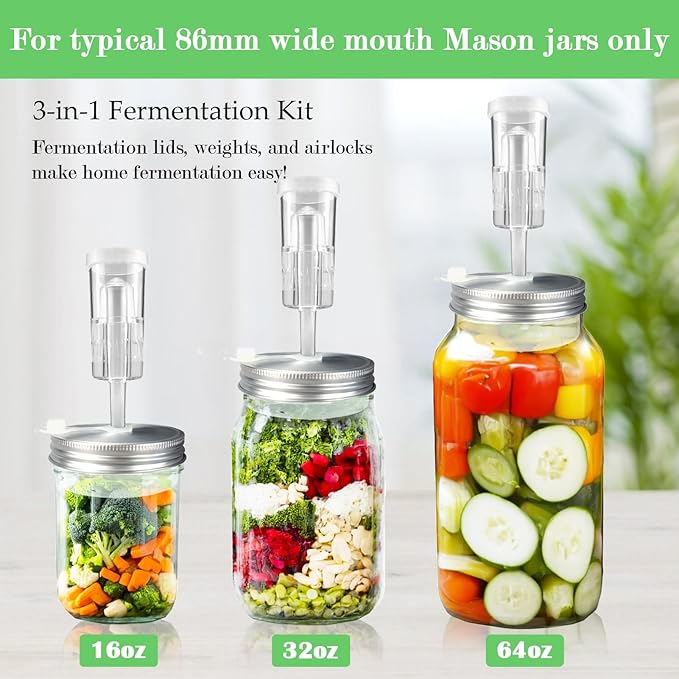 4 Pack Fermentation Kit, Stainless Steel Fermentation Lids and Glass Weights for 86MM Wide Mouth Mason Jars (No Jars)