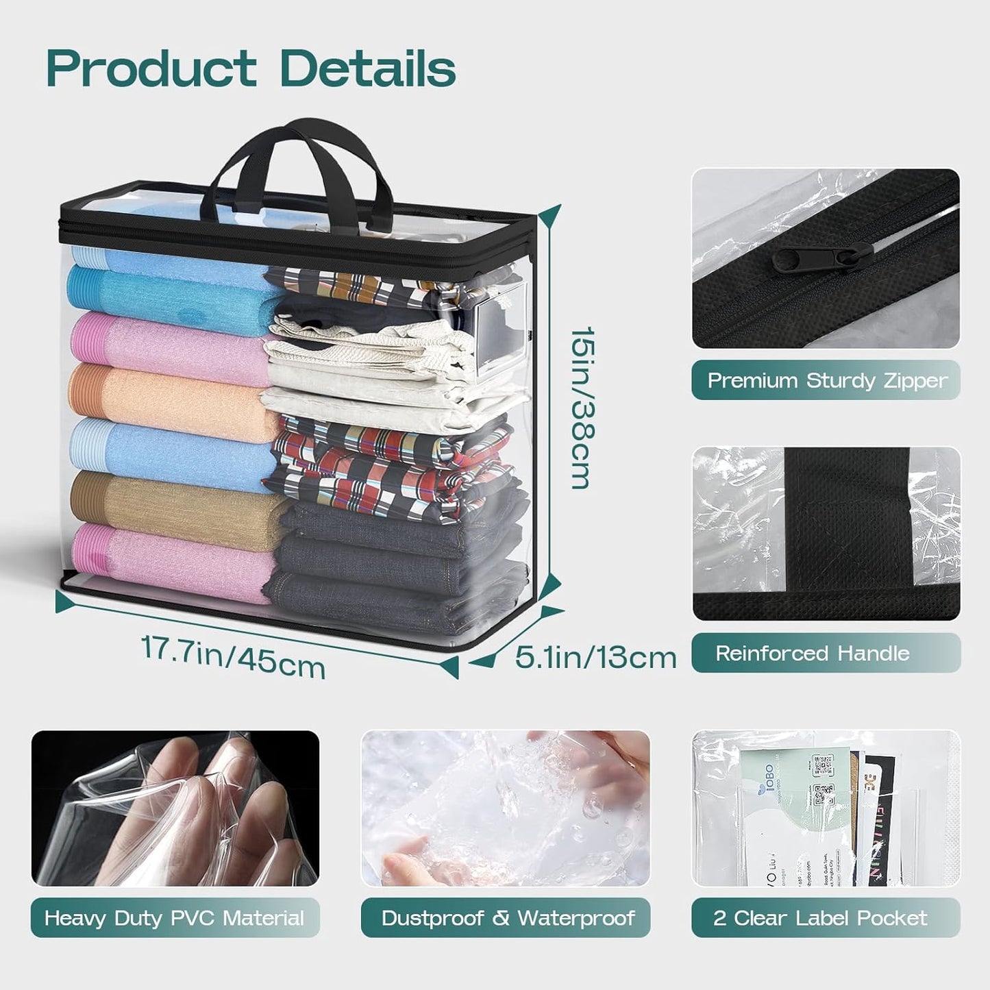 5PACK Clear Zippered Storage Bags for Clothes, 22L Closet Organizers Bag, and Blanket Storage Bags for Bedding, Linen, Blankets, Comforters, Clothing & Toys (Black)