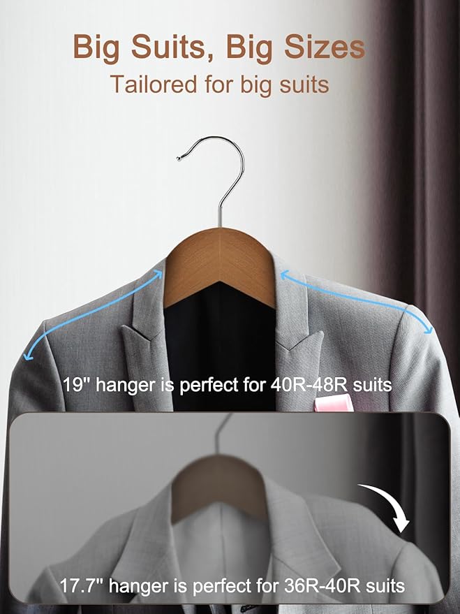 HOUSE DAY 19'' Extra Wide Shoulder Wooden Hangers 6 Pack, Premium Large Wood Suit Hangers with Non Slip Pant Holder, Wide Shoulder Hangers for Suits, Coats, Jackets, Heavy Wide Clothes Hanger, Walnut