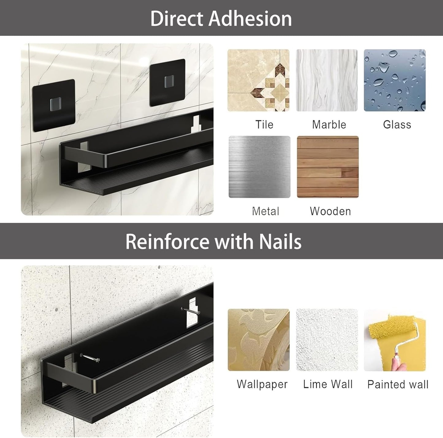 Shower Shelf 3 Pack - Bathroom Shower Shelf Rust-Proof Aluminum Adhesive Installation No Drilling Required, Suitable for Bathroom Storage and Home Decoration