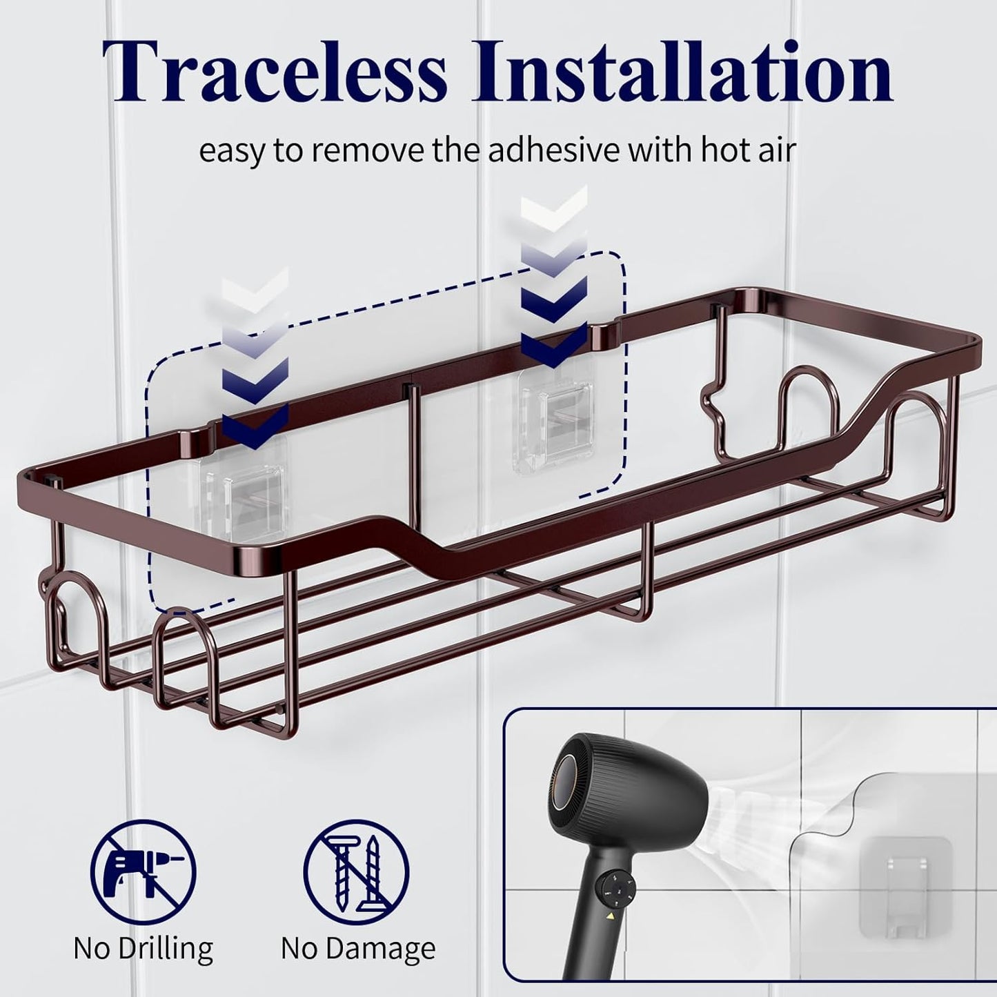 Kitsure Shower Caddy Large - Adhesive Shower Organizer, Stainless Steel Shelf for Inside Shower, No Drill Bathroom Organizers and Storage, Home Decor Accessories, 2 Pack, Brown