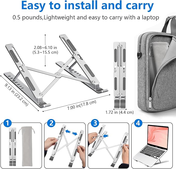 Laptop Stand for Desk, Aluminum Metal MacBook Stand，Computer Riser for Desk, Portable Foldable Adjustable Notebook Holder, Compatible with 10-15.6 Inch Laptops, iPad, Silver.
