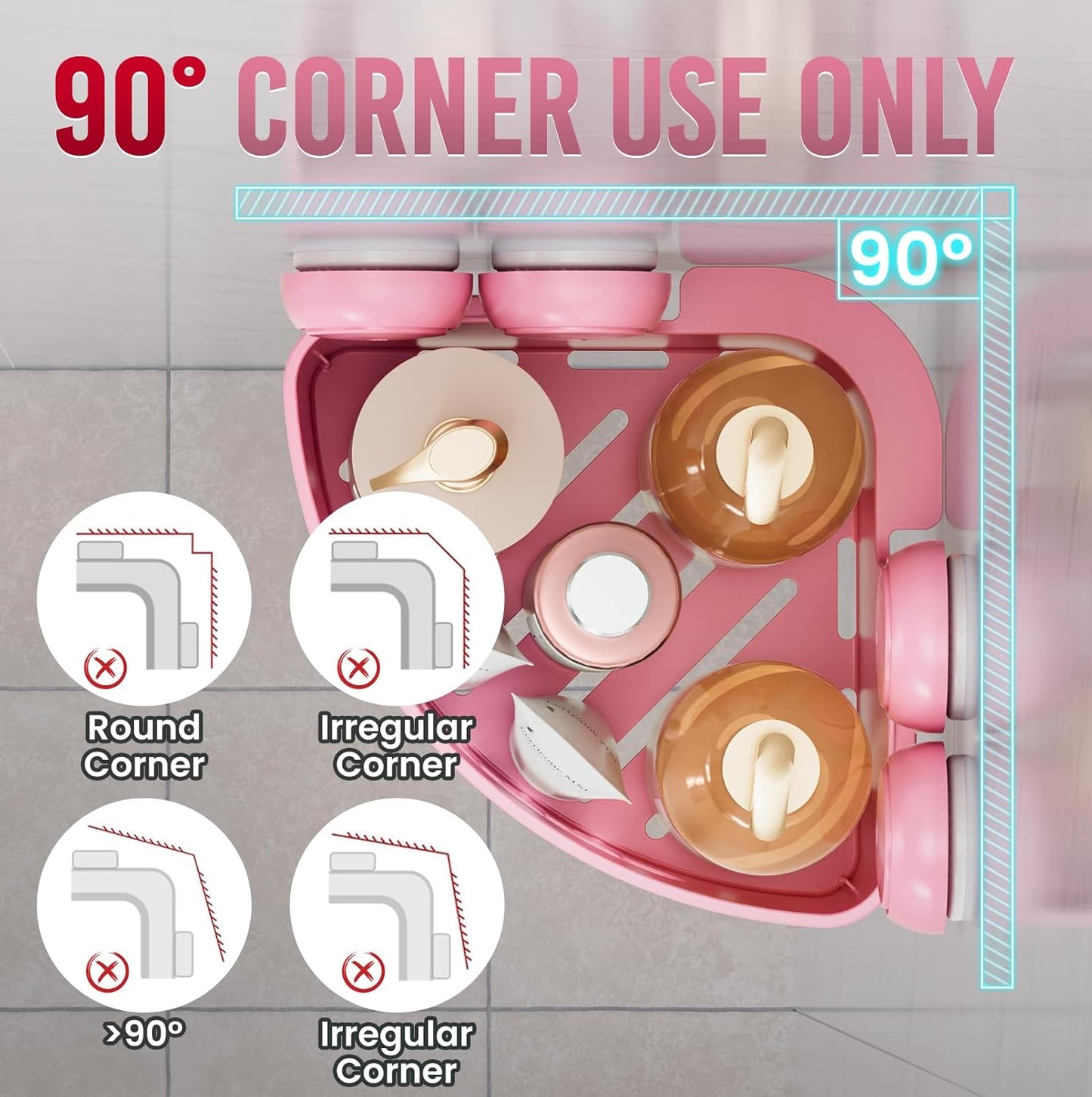 TAILI Corner Shower Caddy with Suction Cups, Wall Mounted Organizer Plastic Rack for Small Bathrooms, Kitchen, Removable Drill-Free Heavy Duty Shelf Basket, PINK