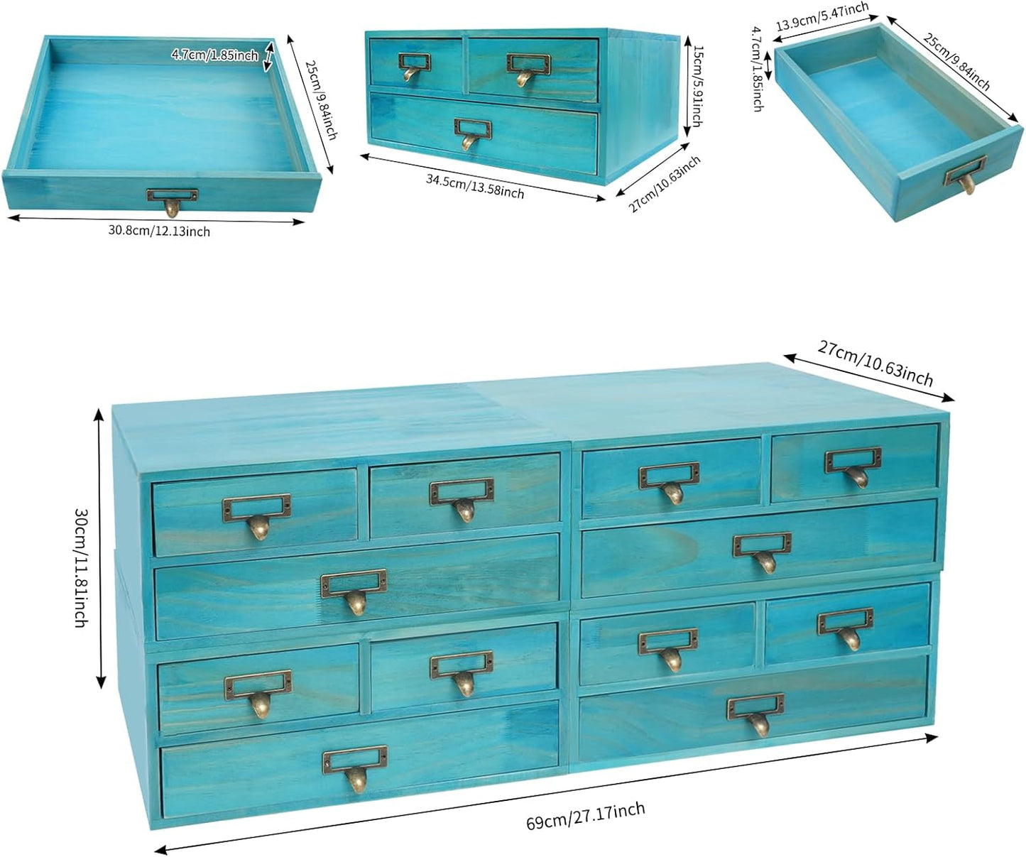 4-Piece Desktop Organizer Set with 3 Drawers, Wood & Metal Drawer Storage, Wooden Desktop Organizer for Store Cosmetics, Jewelry, Letters, Papers, Tea Bags, Sugar Packets (Blue)