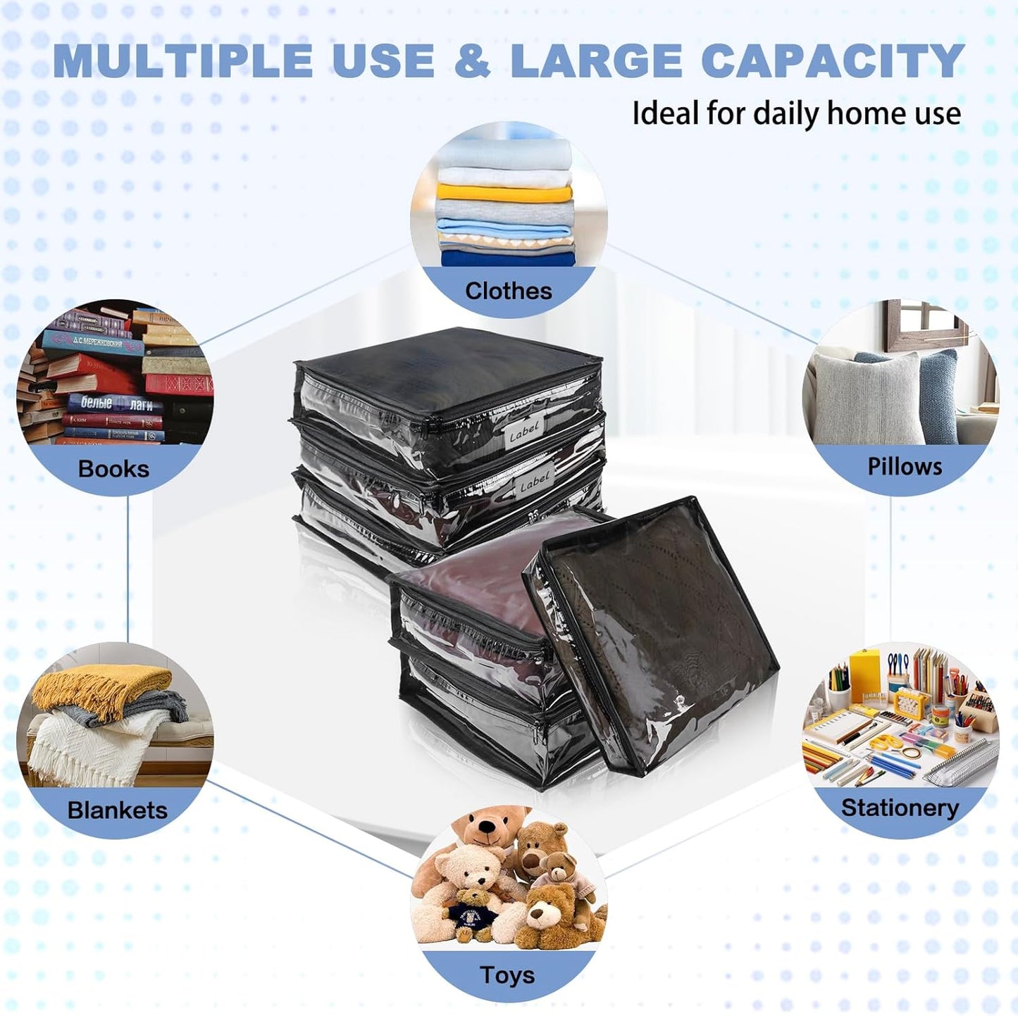 Clear Zippered Storage Bags Plastic Sweater Storage Bags with Zipper 6 Packs Clothing Organizer for Blankets Linen Sweater Bed Sheet Quilt Clothes Pillow (15.7 x 13.8 x 3.9 Inch, Black)