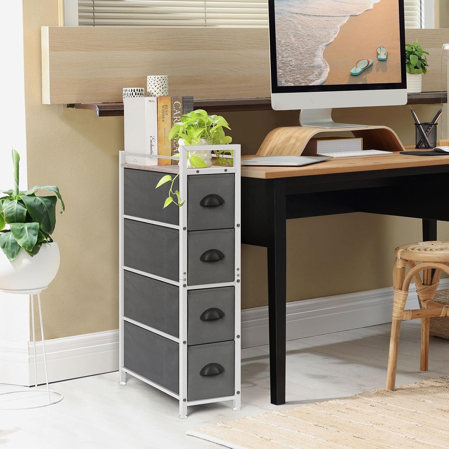 MOOACE Narrow Dresser with 4 Drawers, Dresser for Bedroom, Small Fabric Dresser Vertical Storage Tower Standing, Steel Frame & Wooden Top Chest of Drawers for Bedroom, Bathroom & Laundry