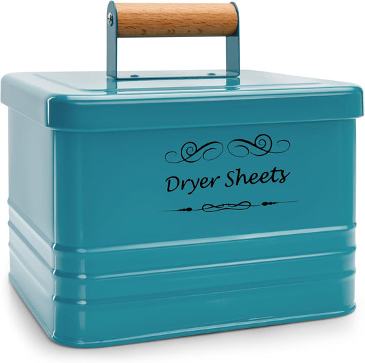 ELITAPRO Dryer Sheets Holder for Laundry Room - Farmhouse Dryer Sheet Box with Lid - Laundry Room Decor & Accessories - Metal Dryer Sheet Container for Laundry Room Organization & Storage (Teal)