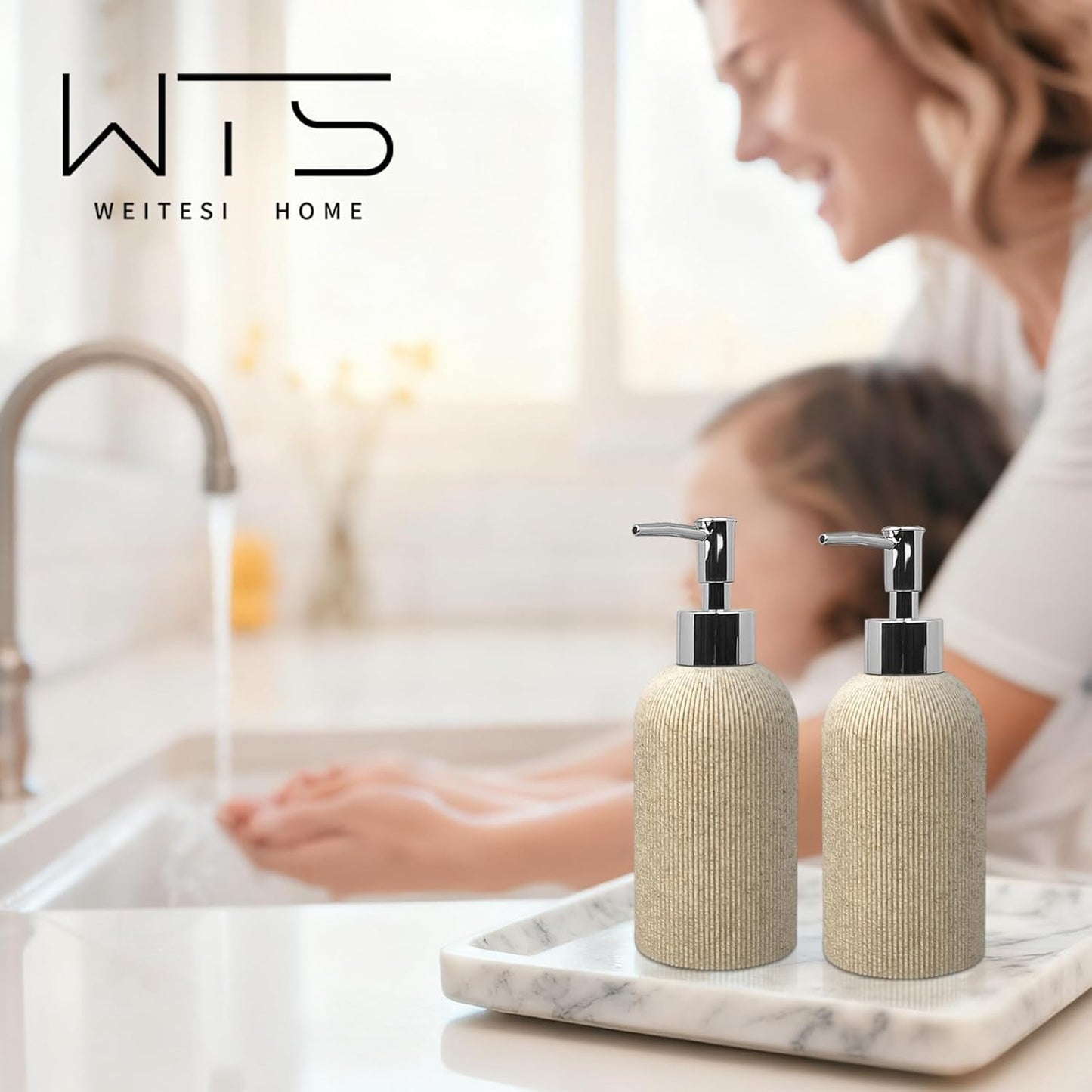 Hand Soap Dispenser for Bathroom and Kitchen Countertop, 10 oz Resin Soap and Lotion Dispensers Set with Plastic Rust Proof Pump, Boho Refillable Liquid Dish Soap Dispensers Bottle,Beige