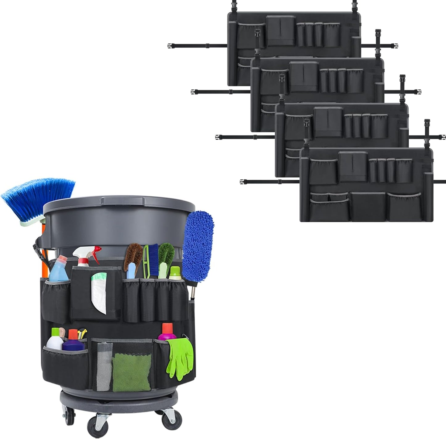 4PCS Trash Can Caddy Bags Fit 32-55 Gallon Garbage Bin, Garbage Bin Caddy Bag with 13 Pockets Compatible with Brute & Uline, Commercial Cleaning Supplies Organizer Bag & Janitorial Duties(4PCS)