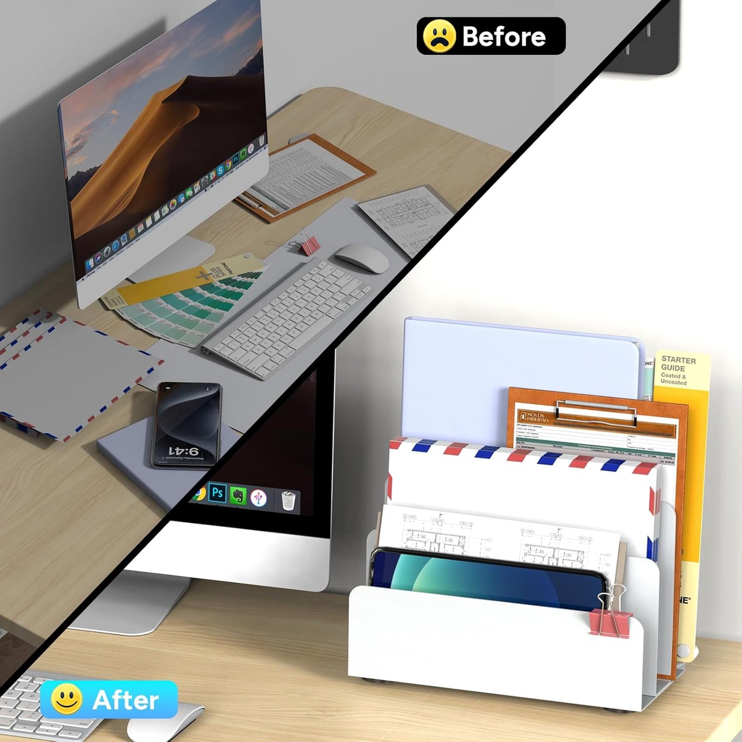 Mail Organizer Countertop, Small Desk File Organizer, Metal File Holder - Essential Workspace Organizers for Office Desk, Home Office (White)