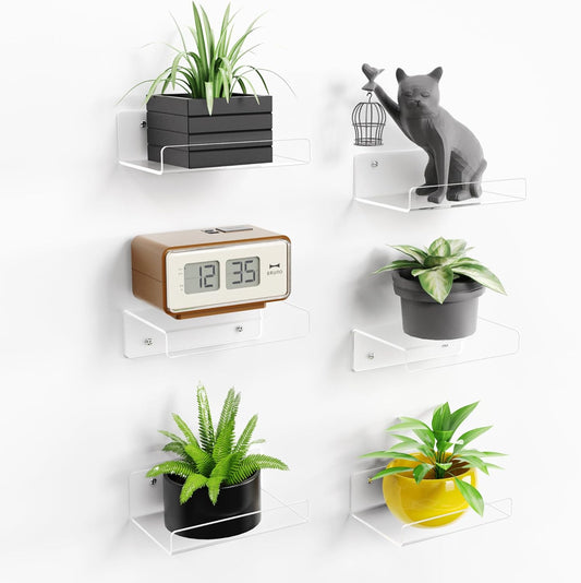 upsimples 6 Pack 6'' x 4'' Acrylic Small Shelves, Floating Shelves for Wall, Display Shelf Organizer for Plants, Speaker, Radio, Toys, Clear