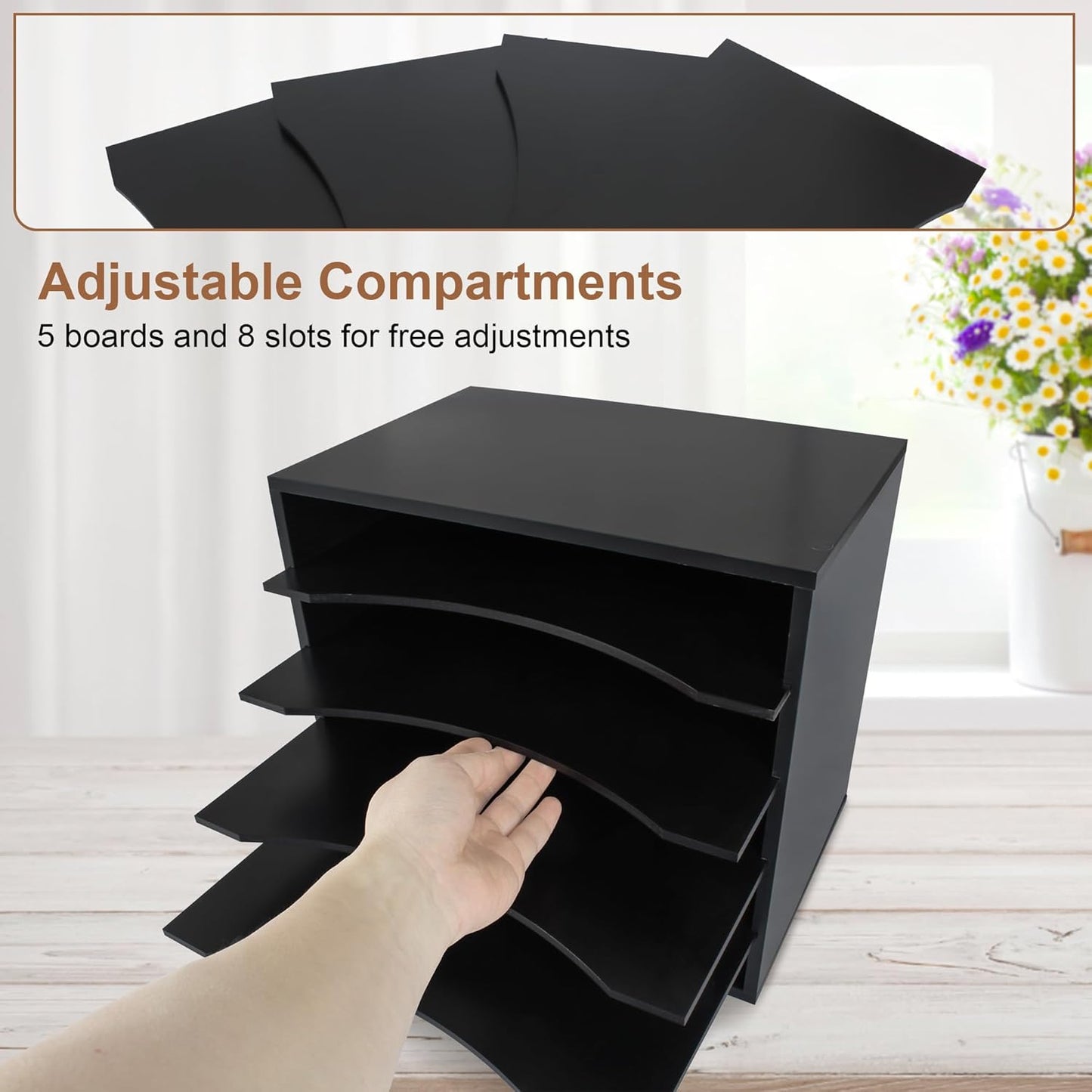 EMERIT Paper Organzier Wood Desktop Organizer Storage Letter Tray File Sorter with Adjustable Shelves for Home Office