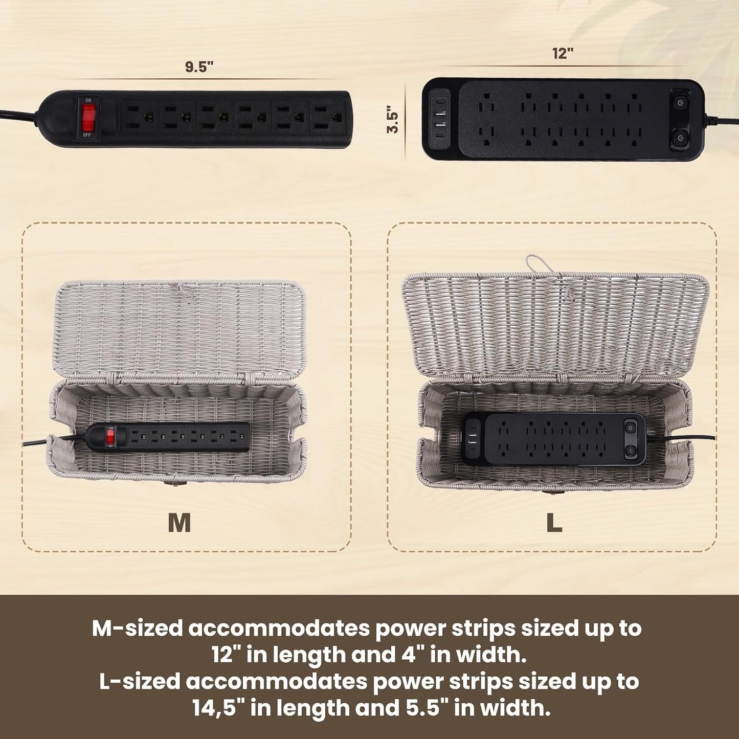 BROWNLILY Cable Management Box, Rattan Style Cord Organizer for Desk Cord Hider Outlet Covers Baby Proofing for Power Strip TV PC Router Charger Under Desk Storage with Lockable Lid and Cable Ties