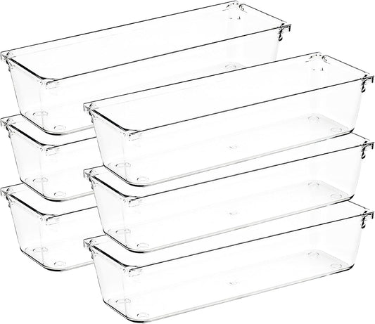 6 Pack Drawer Organizer - 3" X 9" Clear Acrylic Storage Bins with Non-Slip Pads, Versatile Desk Tray for Makeup, Jewelry, Kitchen, Bathroom, and Office Organization