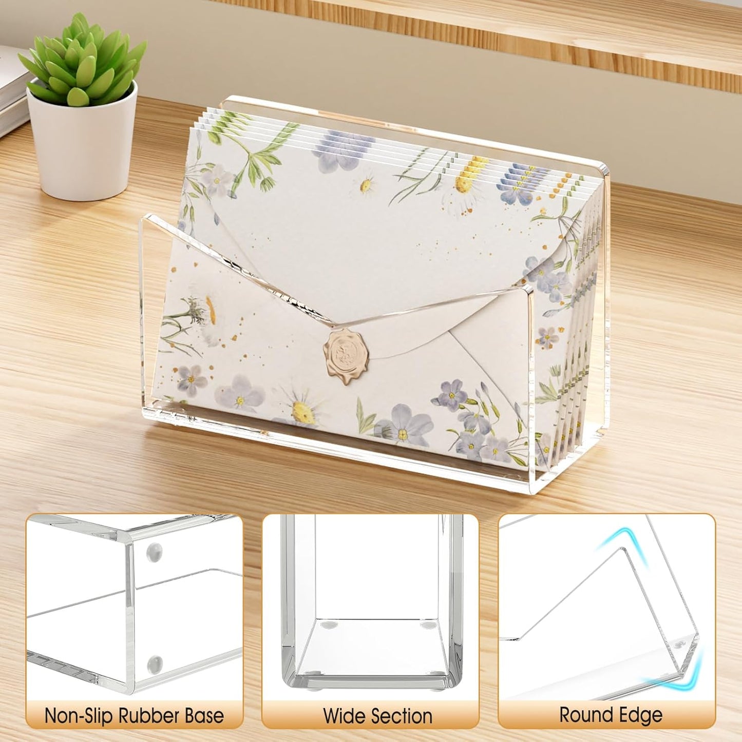 KTRIO Acrylic Mail Holder, Clear Mail Organizer Countertop, Letter Envelope Holder for Desk, Mail Sorter Letter Stand for Home Office School