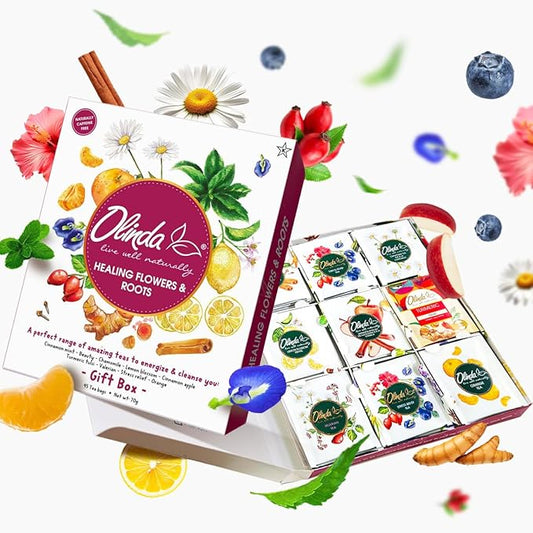 Olinda Healing Flowers & Roots Gift Box Natural Caffeine Free Tea Organic Herbal Tea Bags Healthy Beauty Tea Wellness Stress Relief Tea Sampler Gift Set Premium 9 Vareity Individually Wrapped 45 Tea Bags 1 Tea Gift Box for Women