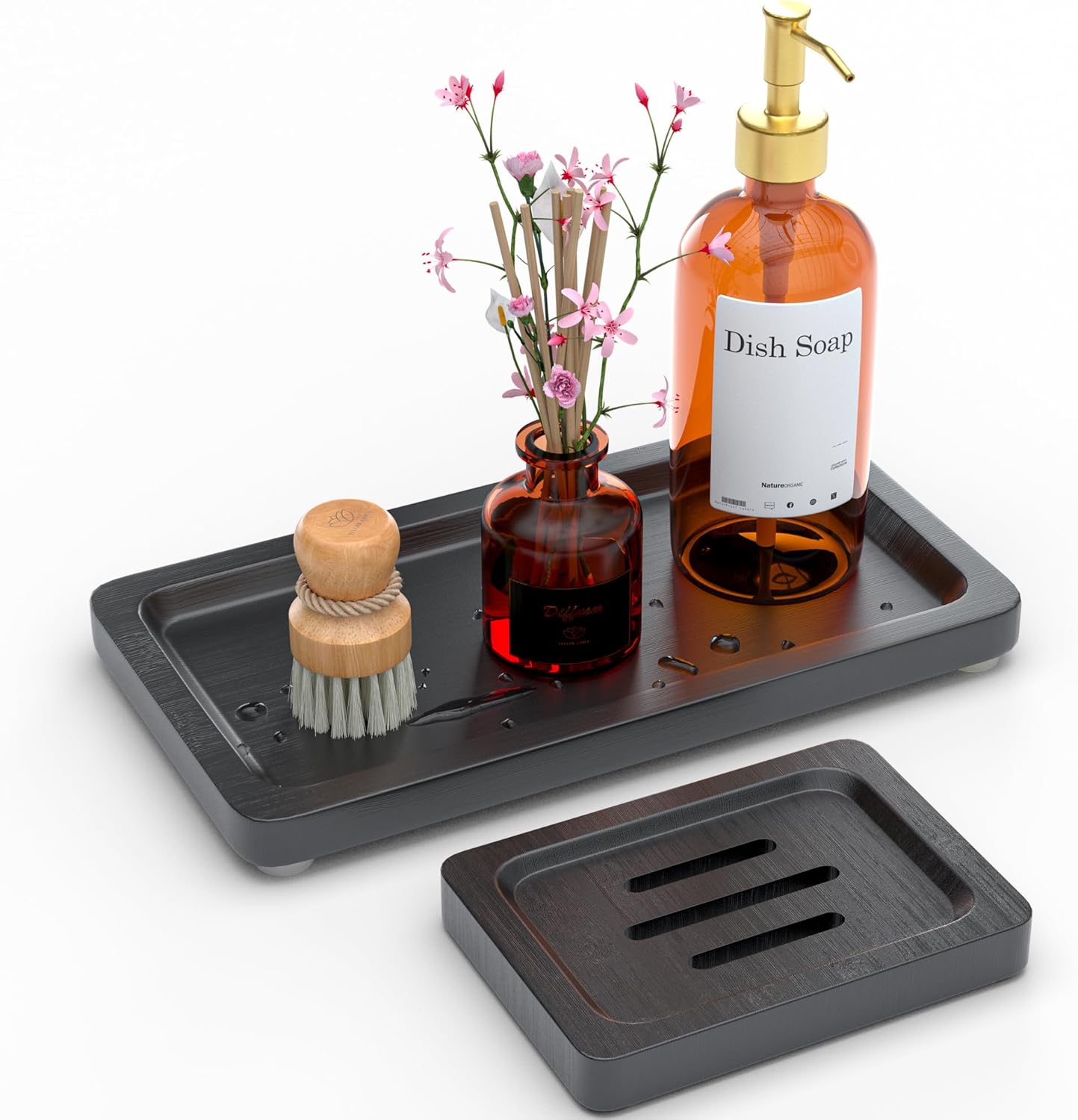 Black Bathroom Accessories Set 2 pcs - 9’’ Small Black Bamboo Tray for Bathroom, Wooden Bar Soap Holder for Shower, Kitchen Soap Dispenser Set for Sink, Kitchen Dish Tray Decor