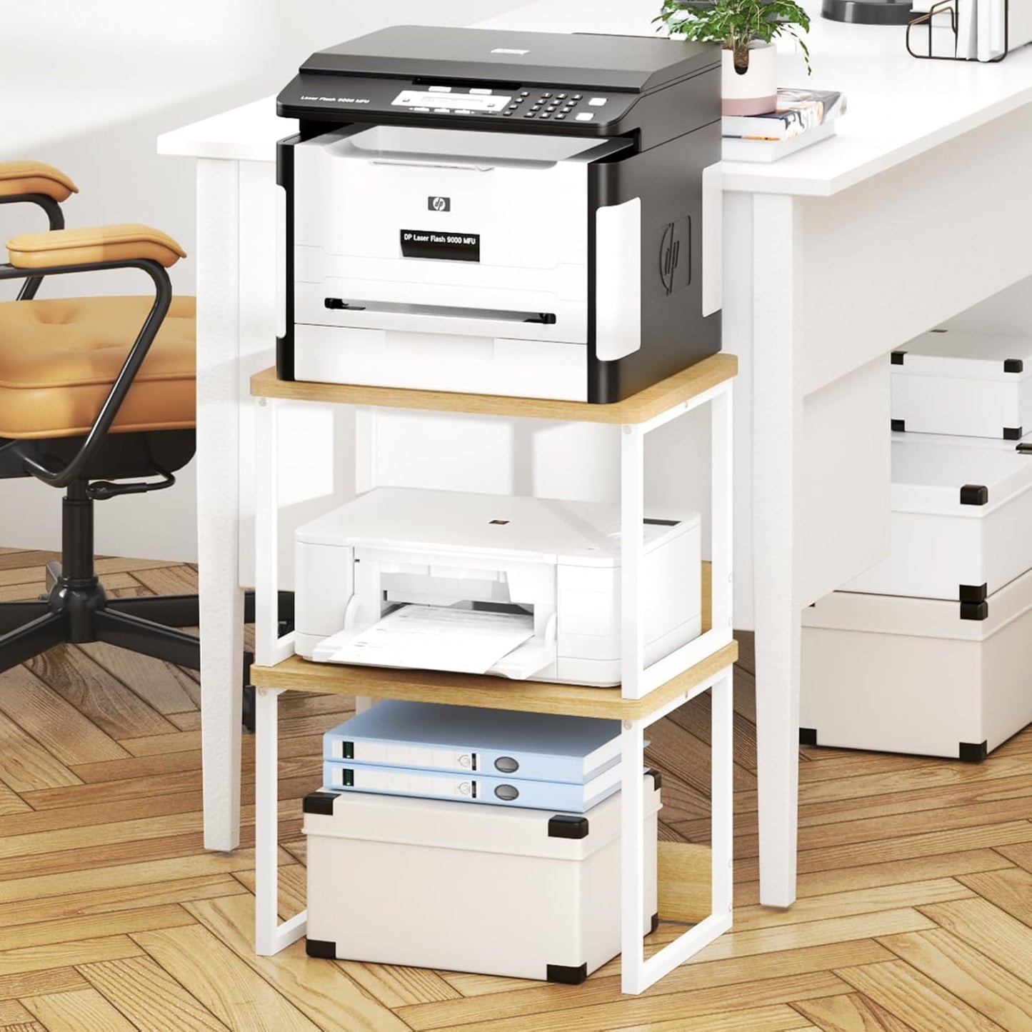 MARTY Desktop Printer Stand 2 Pack Printer Stand with Storage for Desk, Shelf Organzier for Home/Office Printer Riser Under Desk Small Table for Printer Fax Machine Scanner(Maple)