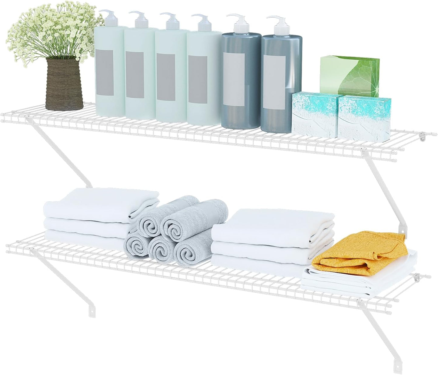 Closet Shelves Wall Mounted, 2 Pack 4 ft x 12 in White Wire Shelving Kit, Metal Wall Shelf Organizer for Home, Pantry, Laundry Room Storage