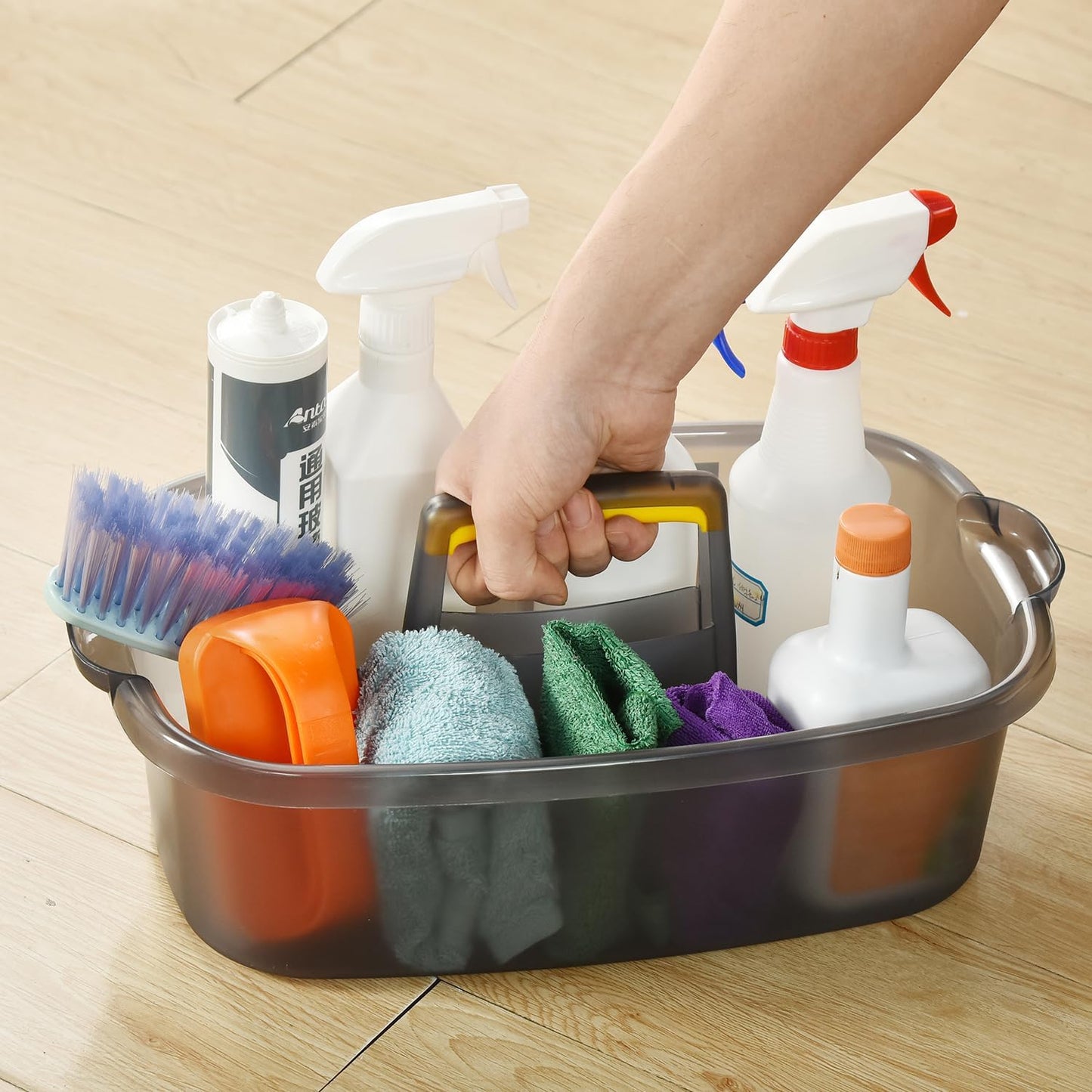 Large Cleaning Caddy with Handle, Cleaning Tool Storage Basket Organizer, Sturdy Pail Bucket Organizer, Household Bucket for Cleaning Supplies - Clear Grey