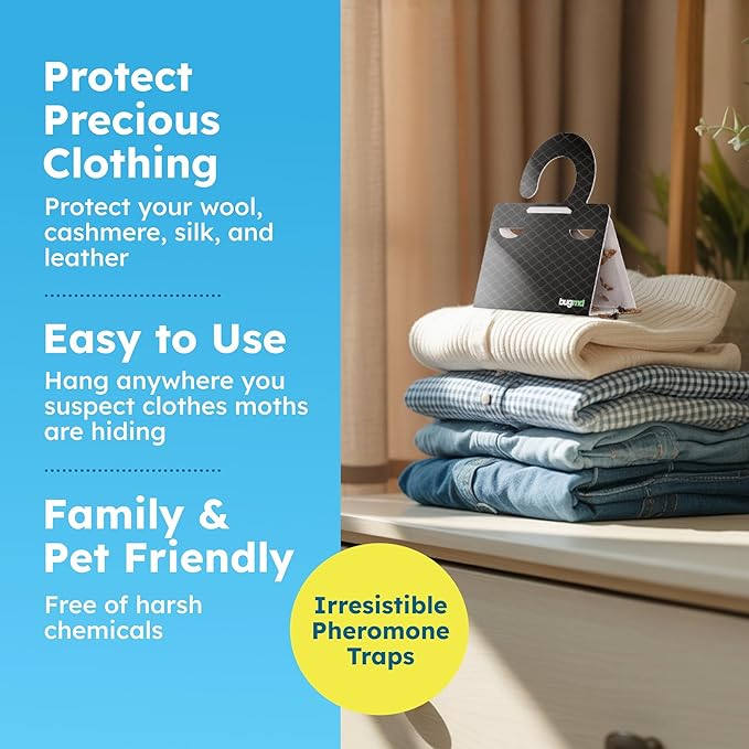 BugMD Clothes & Pantry Moth Traps (6 Count) – Sticky Glue Pheromone-Based Repellent for Closets, Cabinets & Wardrobes – Non-Toxic - Black