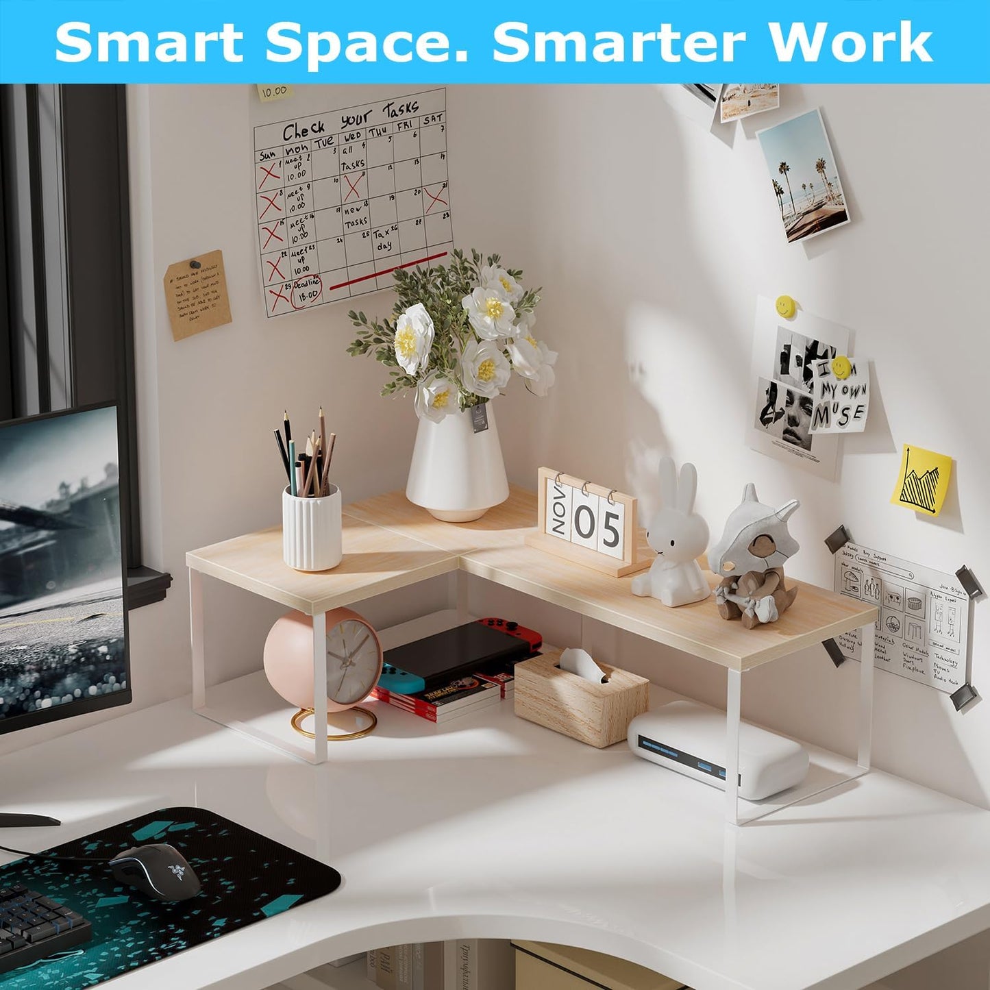 Aothia Wood Desktop Shelf for Top of Desk - 2-Tier Adjustable Bookshelf Organizer, Freestanding Stackable Shelves for Office, Home, Kitchen Counter (Oak)