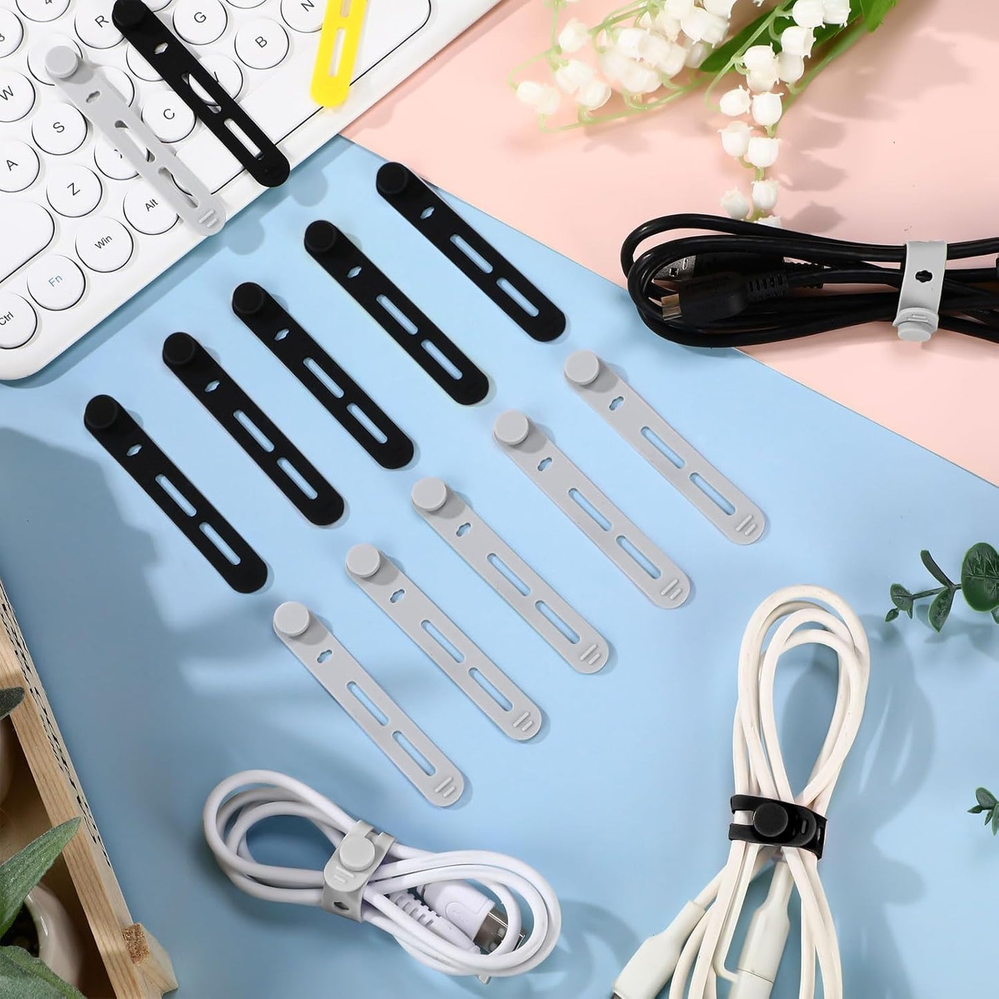 42 Pcs Silicone Cable Ties Reusable Cord Straps Multipurpose Elastic Cable Organizer for Bundling Fastening Earphone Phone Charger Home Office School(Black, Gray,3.15 Inch)
