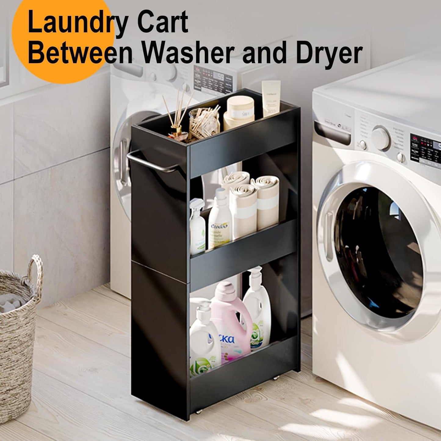 MARTY Wood Rolling Storage Cart 7.9" W, 3 Tier Slim Utility Kitchen Cart on Wheels Laundry Room Bathroom Organizers Narrow Shelves with Handle Mobile Shelving Unit for Small Places, Black