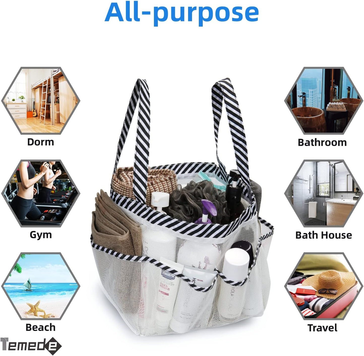 Temede Mesh Shower Caddy Portable for College Dorm Room Essentials, Large Capacity Shower Caddy Basket with 8 Pockets, Quick Dry Shower Tote Bag for Beach, Gym, Bathroom, Camp, Travel-White